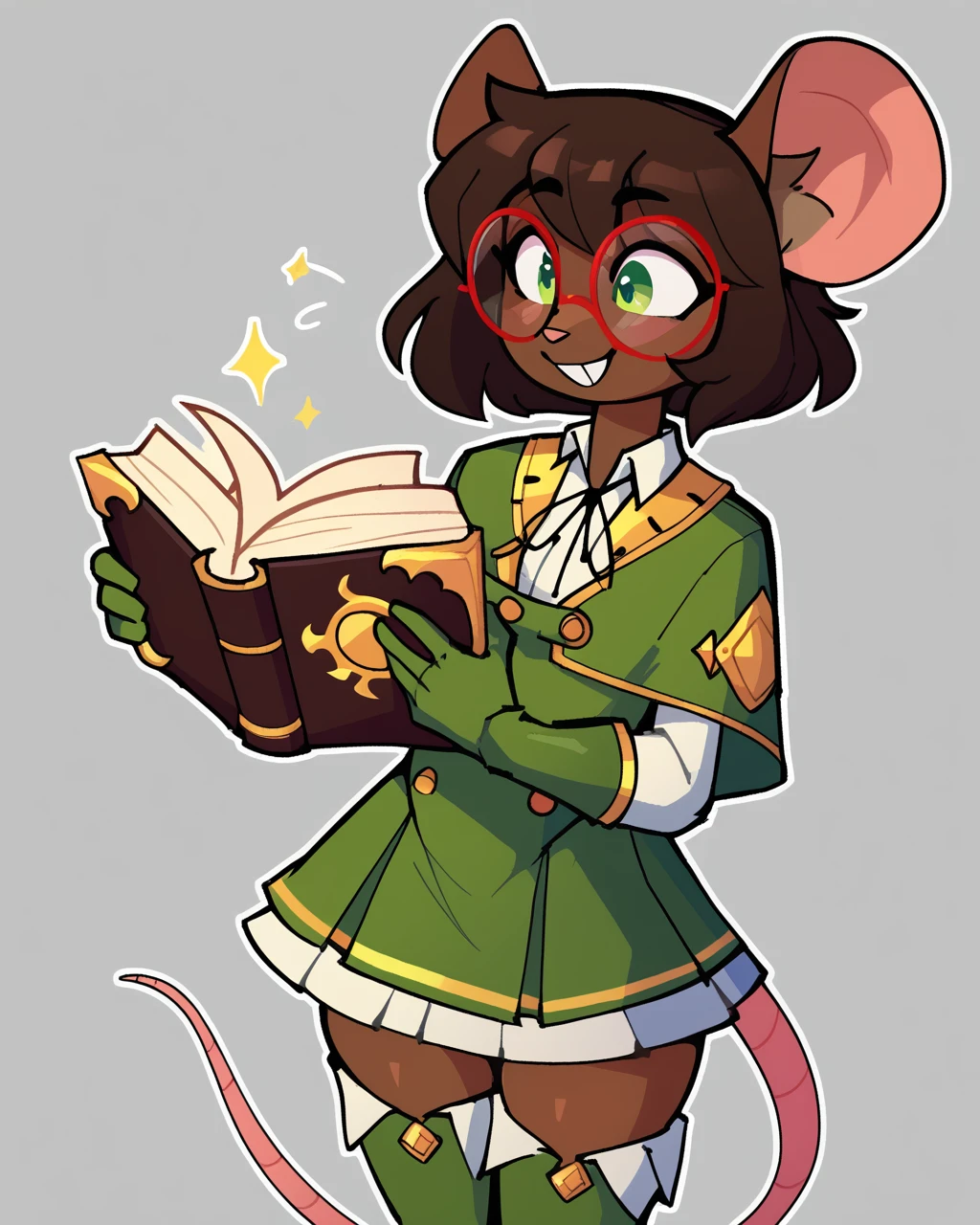 score_9_up, score_8_up, score_7_up, score_6_up, by remanedur, furry female, female, furry, mouse, green eyes, brown hair, brown skin, short hair, green gloves, capelet, skirt, collared shirt, thigh boots, red round glasses, tail, small breasts, looking at book, smile, happy, book, holding book, solo, three-quarter view, simple background, white outline, <lora:Leah_Pines(AIM)_XL_v1:0.15> <lora:PDXL_artist_tags_v2_big:0.5> <lora:The-Minuscule-Task_PDXL_v1.0:0.6> <lora:Olive_BumbleSteak:0.7>