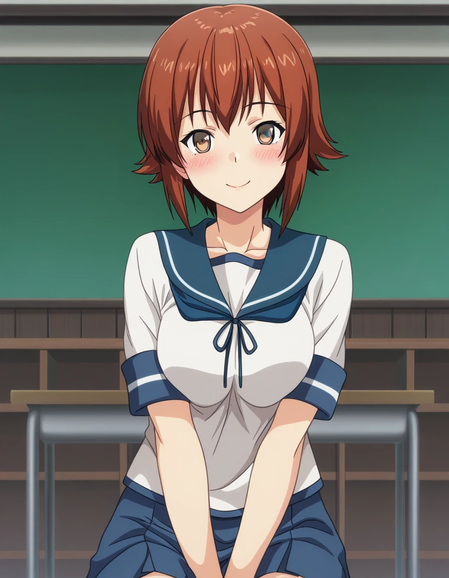 masterpiece, best quality, amazing quality,, <lora:chisa-kotegawa-s1-illustriousxl-lora-nochekaiser:1>, chisa kotegawa, short hair, bangs, brown hair, brown eyes, mature female, medium breasts, anime screencap, <lora:kancolle-fubuki-cosplay-ponyxl-lora-nochekaiser:1>, kancolle fubuki cosplay, fubuki (kancolle) (cosplay), blue skirt, cosplay, pleated skirt, sailor collar, school uniform, serafuku, neckerchief, ribbon,, indoors, smile, blush, sitting, classroom,, cowboy shot, looking at viewer,, , cowboy shot, solo