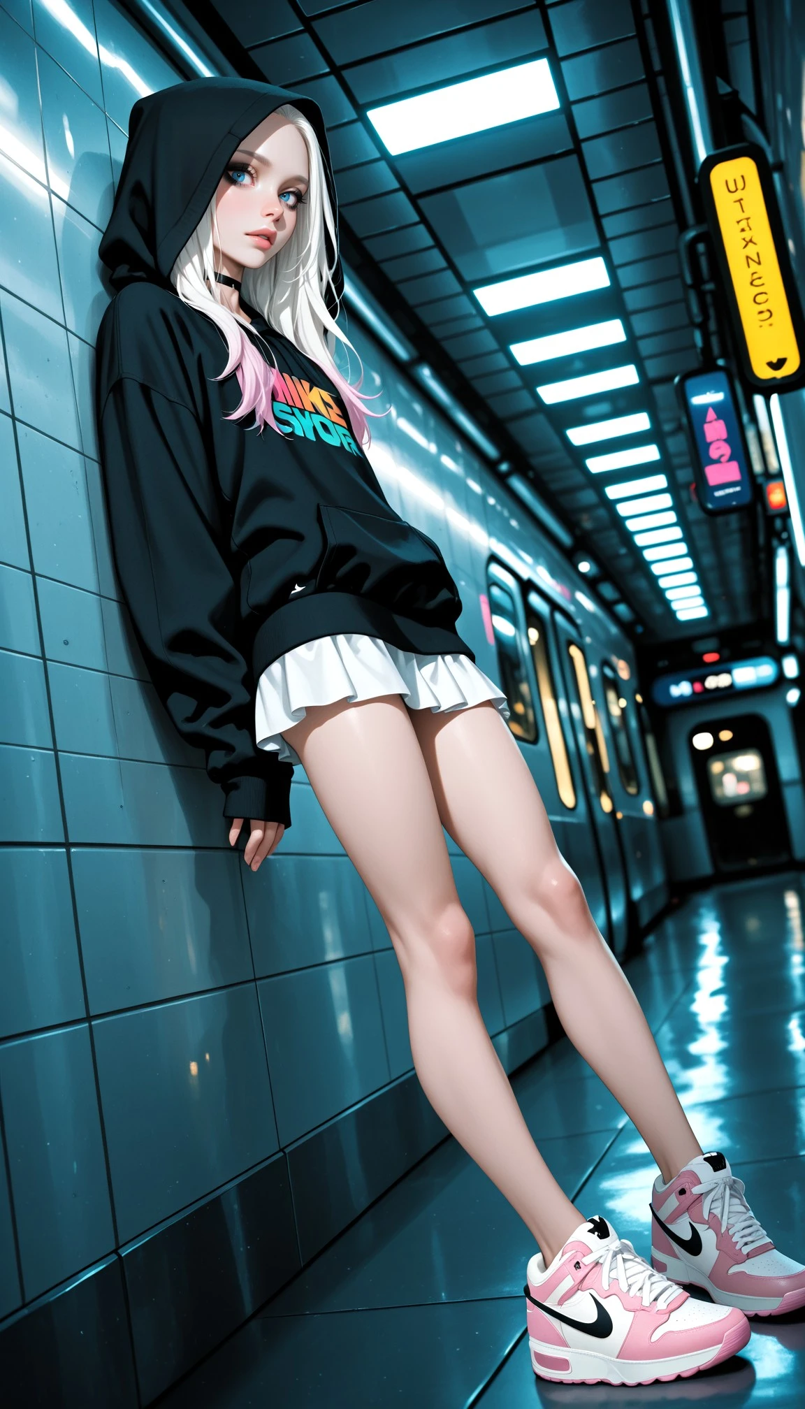 HDR, 8K, high contrast, depth of field, focused subject, dynamic angle, dynamic pose, best quality, detailed eyes, perfect eyes, realistic eyes, white hair, long hair, pink highlights, blue eyes, ((full lips)), (black eyeliner), (mascara), makeup, slim body, slim legs, thin choker, small ass, small breasts, pink oversized sweatshirt, sleeves past wrists, hood up, (white skirt), nike airmax 90s
leaning back against wall, front view, looking at viewer, movie perspective, night, underground new york subway station, dynamic light