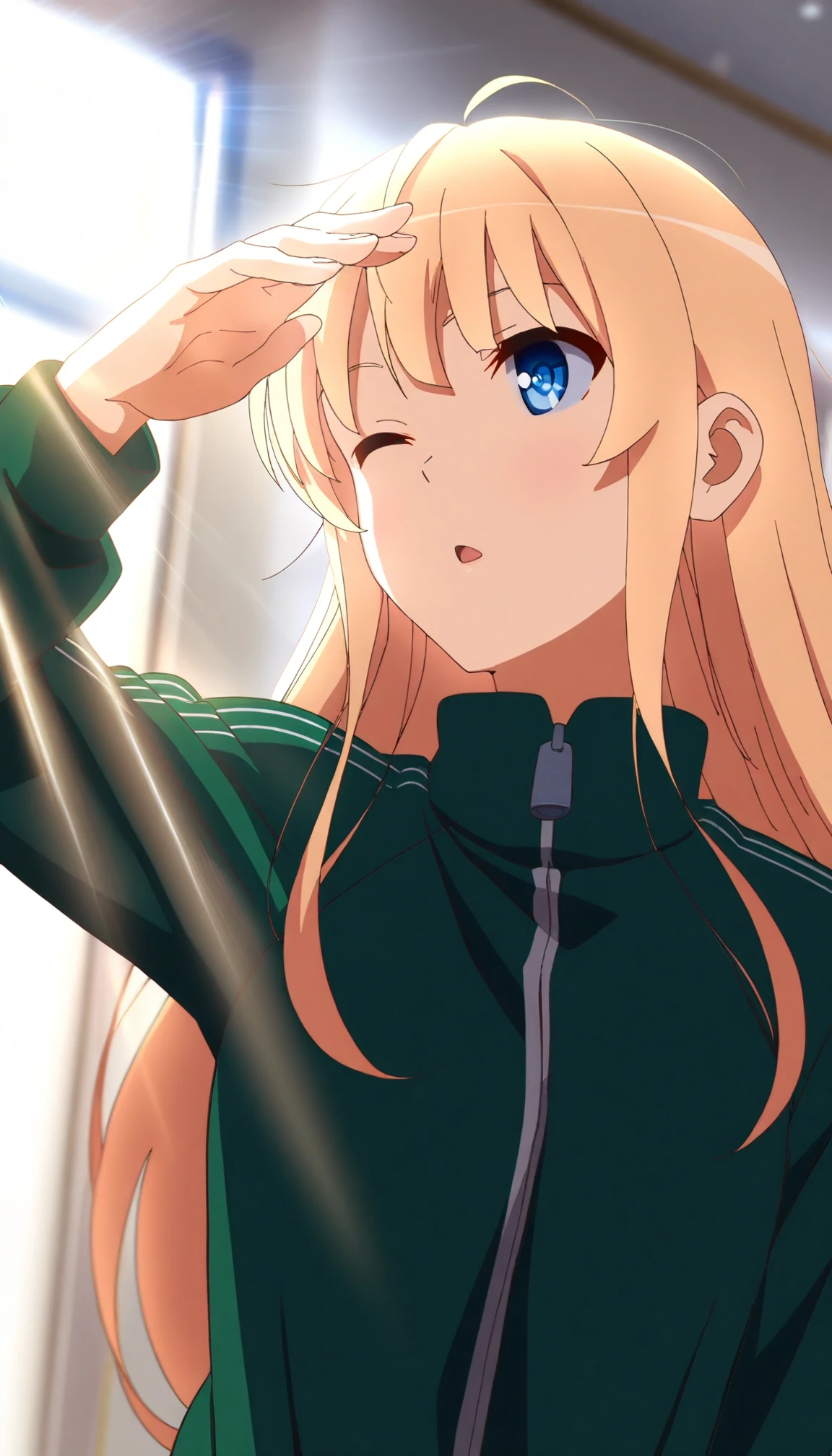 masterpiece,best quality,amazing quality,
<lora:eririIL:1>,erir1,
1girl,solo,blonde hair,bangs,long hair,blue eyes,green track suit,portrait,one eye closed,looking ahead,parted lips,shading eyes from sun,from below,indoors,day,window,blurry background,depth of field,light ray streamming,soft lighting,
