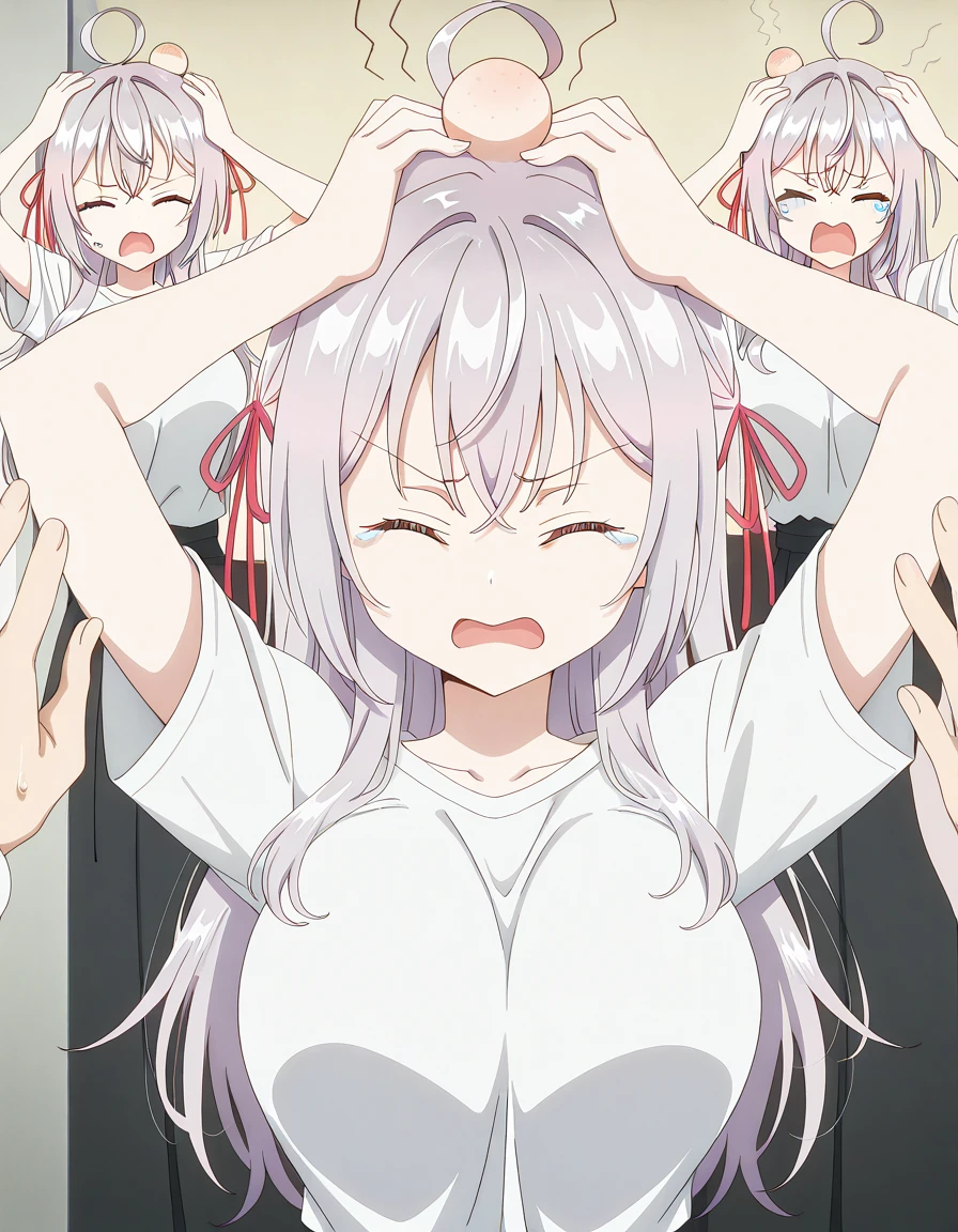 masterpiece, best quality, amazing quality,, <lora:alisa-mikhailovna-kujou-s1-illustriousxl-lora-nochekaiser:1>, alisa mikhailovna kujou, long hair, bangs, hair ribbon, ahoge, grey hair, red ribbon, large breasts, anime screencap, <lora:head-bump-hands-on-own-head-illustriousxl-lora-nochekaiser:1>, head bump hands on own head, head bump, tears, hands on own head, closed eyes, tearing up, open mouth,, ,