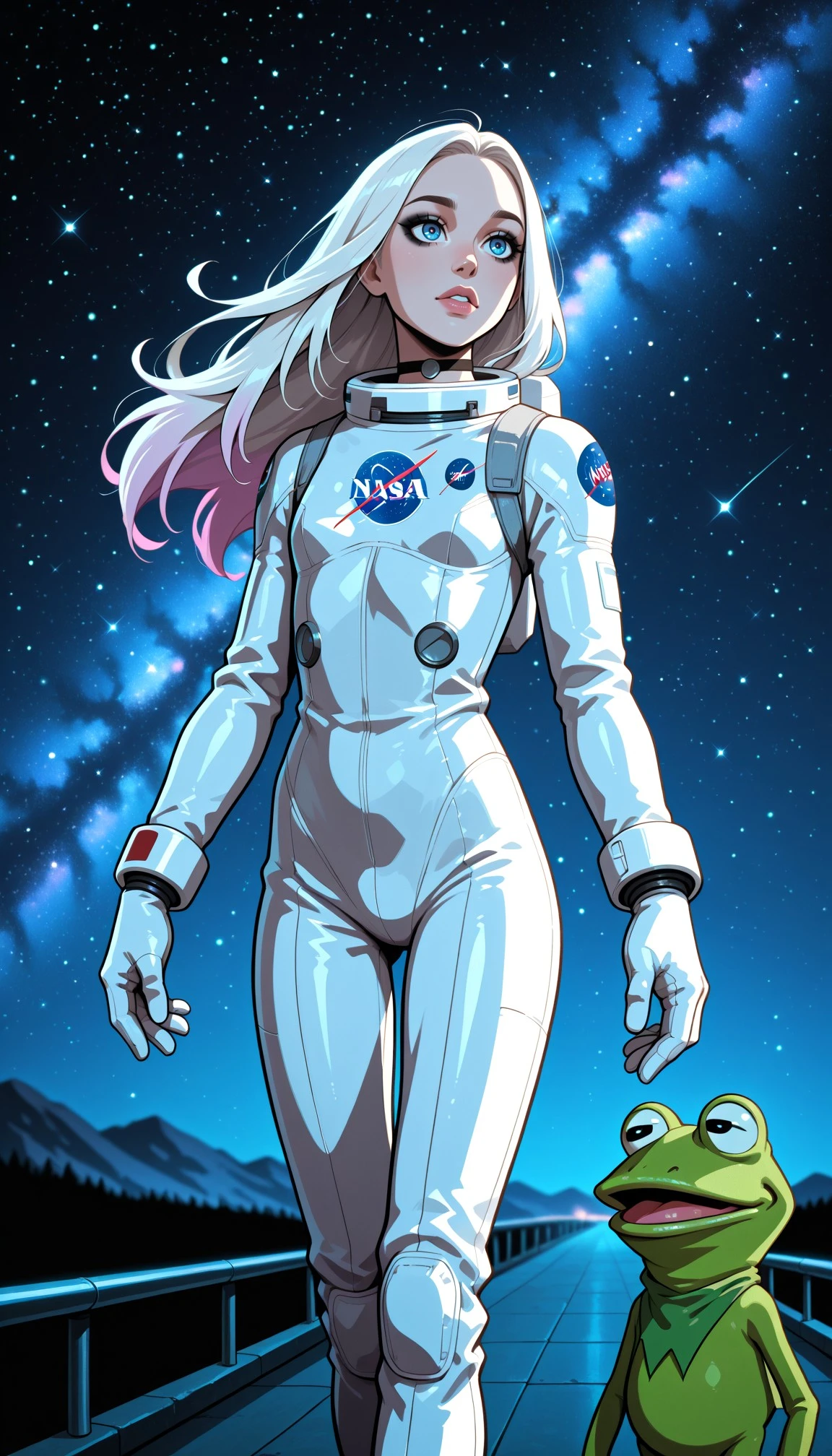 2d, anime style, high contrast, depth of field, focused subject, best quality, detailed eyes, perfect eyes, realistic eyes, white hair, long hair, pink highlights, blue eyes, ((full lips)), (black eyeliner), (mascara), makeup, slim body, slim legs, thin choker, small ass, small breasts, big bulky spacesuit, astronaut on the walkway with (Kermit the frog:1.4),muppets, about to board a rocket ship, milky way sprawled out in the sky above, movie perspective, cowboy shot, nasa, night, stars, spiral arm of the milky way,