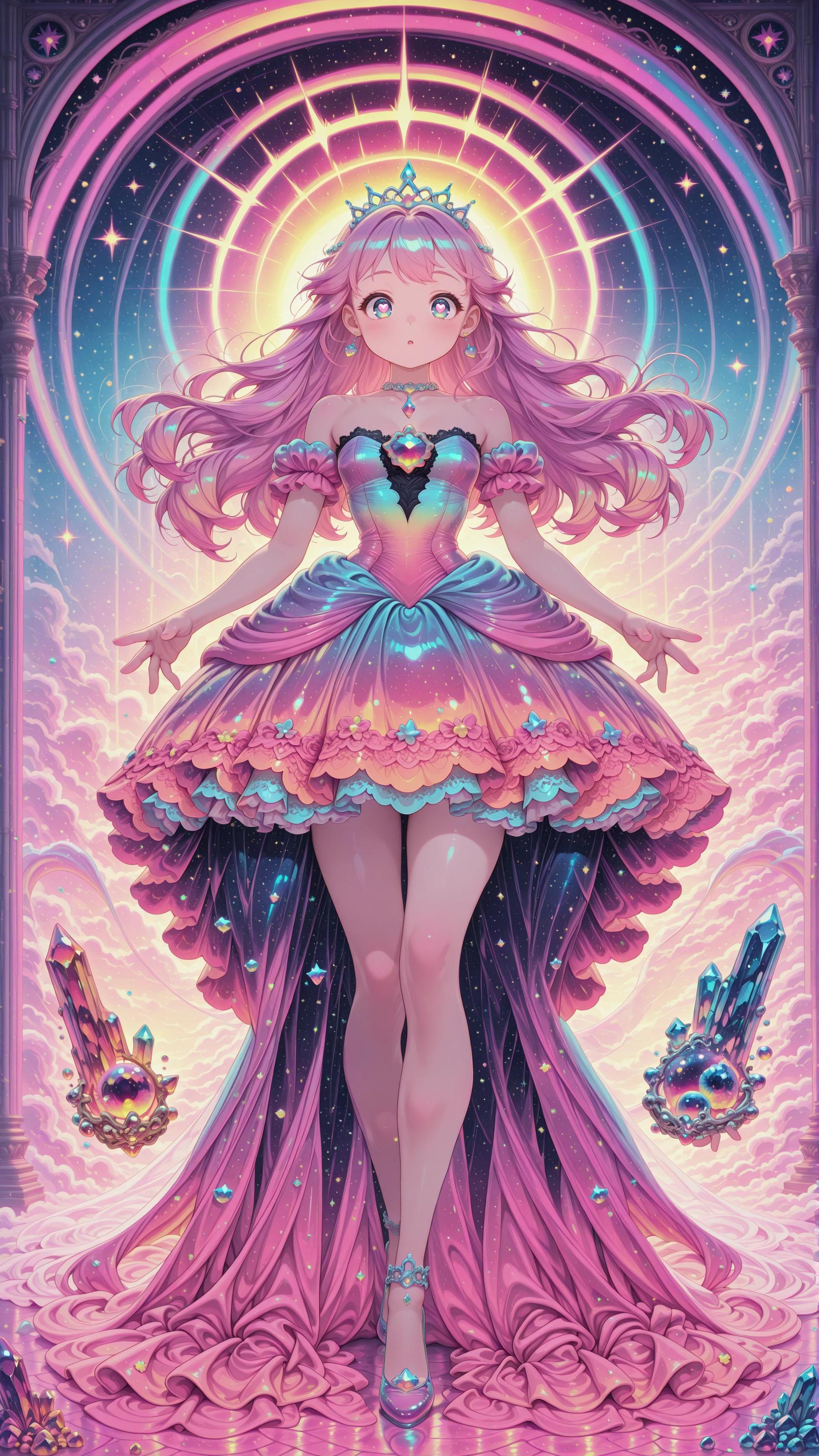 stylized, in pastel rainbow hues, full body, 1girl, detailed crystal tiara, intricate lace ballgown, floating softly in a dreamlike magical space, looking at viewer masterpiece, best quality, amazing quality, very aesthetic, absurdres, detailed eyes, newest, neon illustration in the style of pinkneonanime, <lora:PinkieNeonAnimeIL:1>,