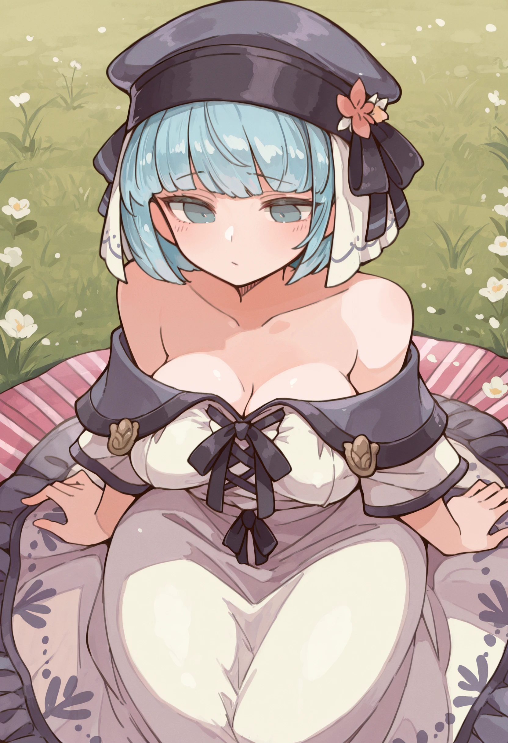 masterpiece, best quality, absurdres, highres, newest, 1girl, solo, <lora:massakasama-style-richy-v1_ixl:1> <lora:silque-fe-richy-v1_ixl:1> silquepicnic, blue hair, short hair, blue eyes, headdress, beret, hair flower, hair ribbon, breasts, white dress, collarbone, off shoulder