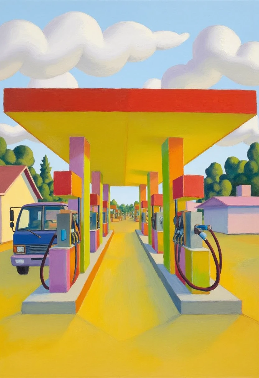 yfg-s@lvo, a painting of a gas station with a truck parked in front of it, and houses. the sky in the background is filled with clouds, with houses, and clouds in the sky. the painting is done in oil on canvas, measuring 24 x 24 inches, and is titled "la vieille de la vieille" by jean-michel basquiat.,