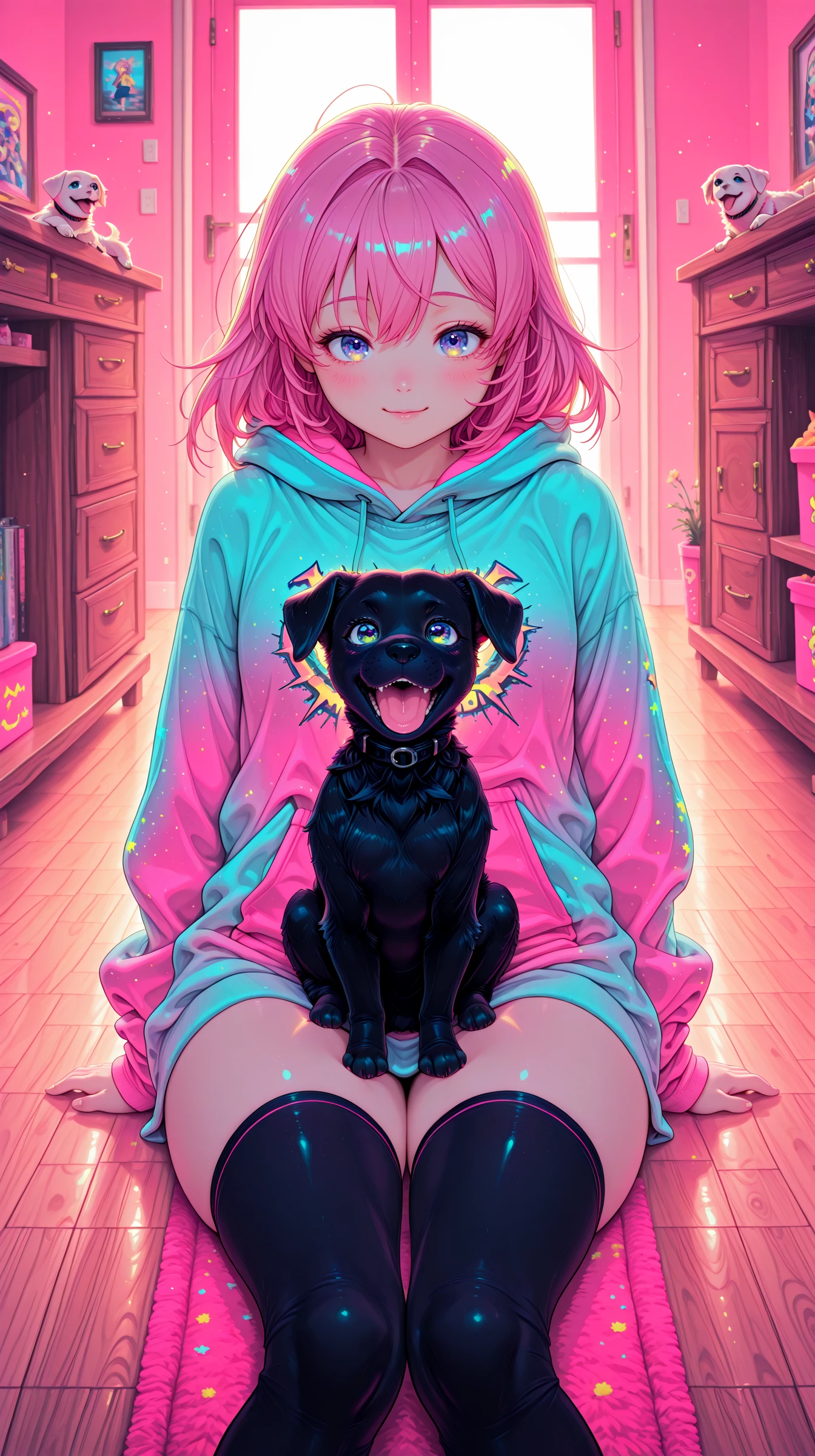 1girl, hoodie, thigh-high socks, sitting on floor, puppy, playful, cozy room, masterpiece, best quality, amazing quality, very aesthetic, absurdres, detailed eyes, newest, neon illustration in the style of pinkneonanime, <lora:PinkieNeonAnimeIL:1>,