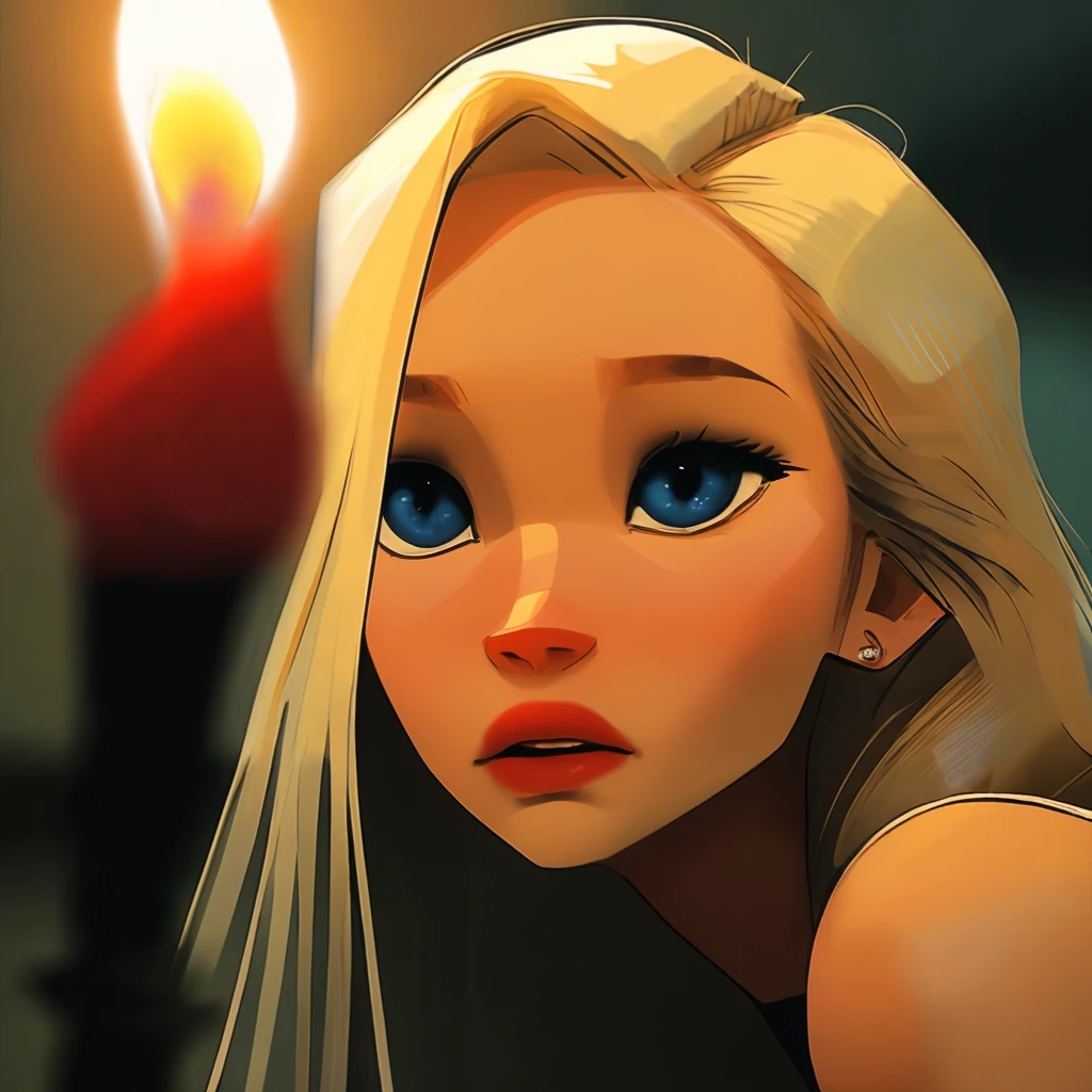 photo in style of samdoesarts of a sasha luss. blonde hair,depth of field, lifelike textures,film grain, kodak portra,scary, candle light