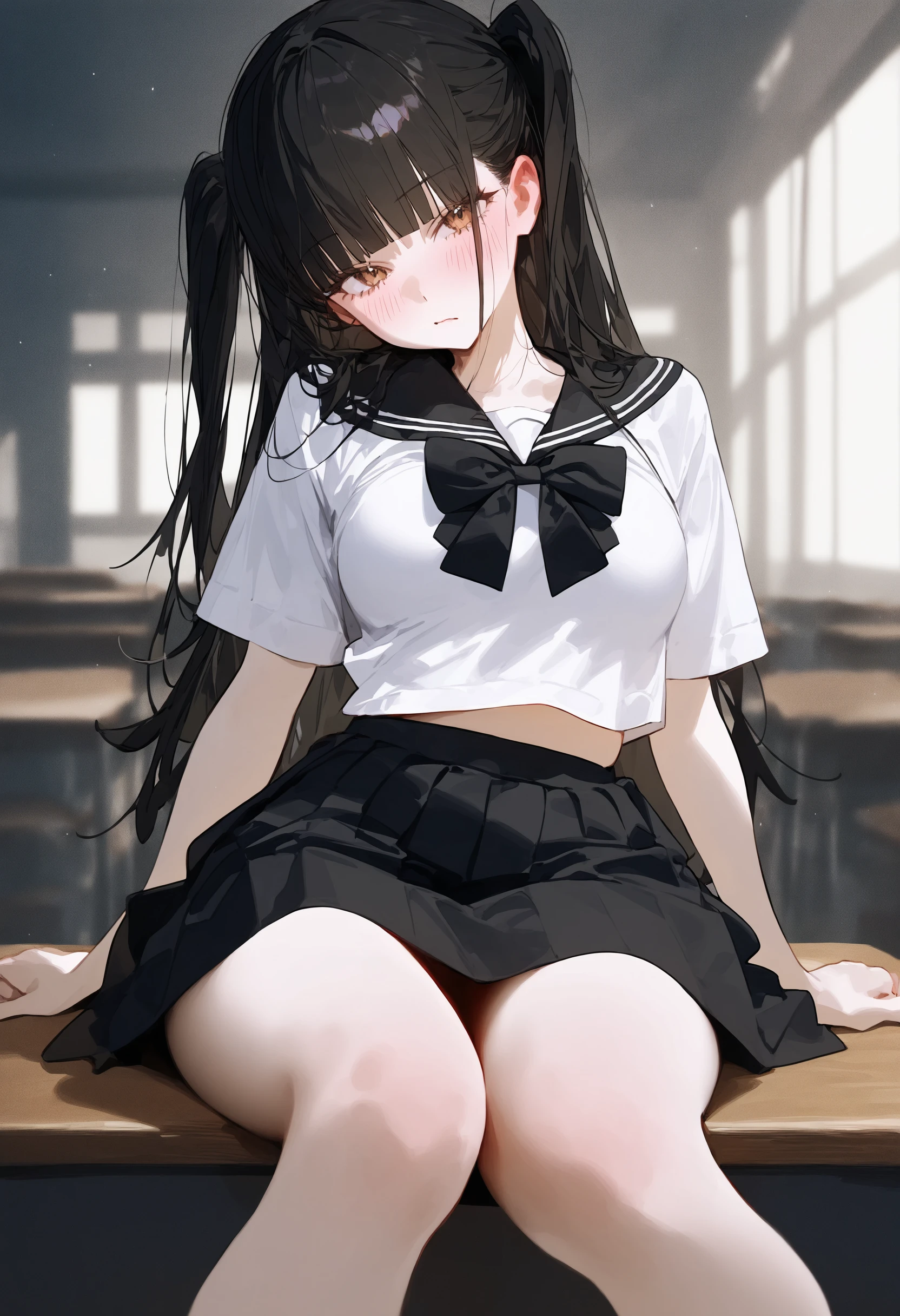 Anime characters Princess Connect! Cal Cat ear Small breasts Lolicon Tsundere Black hair long wavy hair Twin tails Right bangs point color white A lifts her skirt to show her cotton panties to the boy sitting next to her in class Panty shot 4K quality