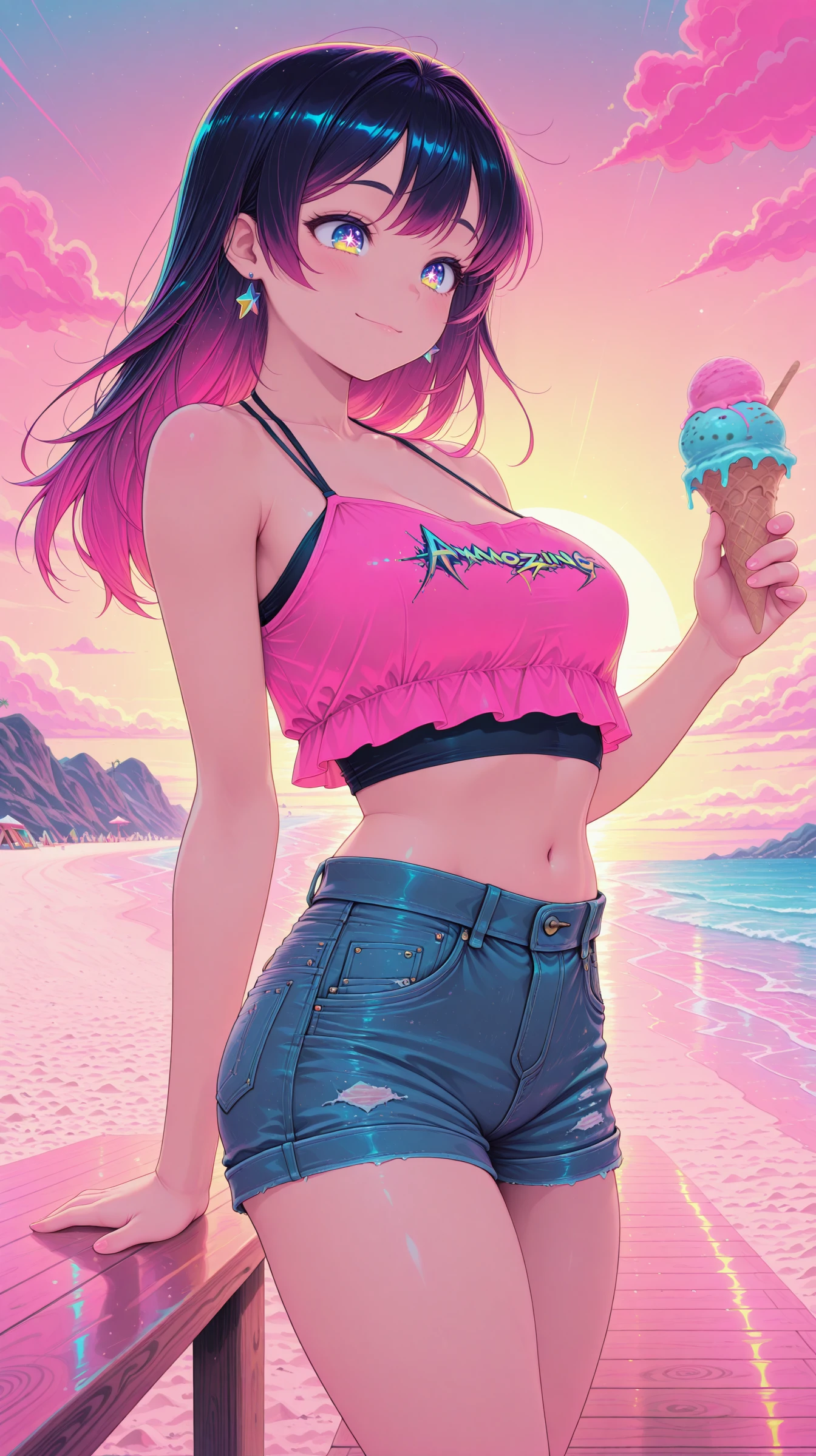 1girl, crop top, denim shorts, ice cream, boardwalk, beach, summer, casual smile, masterpiece, best quality, amazing quality, very aesthetic, absurdres, detailed eyes, newest, neon illustration in the style of pinkneonanime, <lora:PinkieNeonAnimeIL:1>,