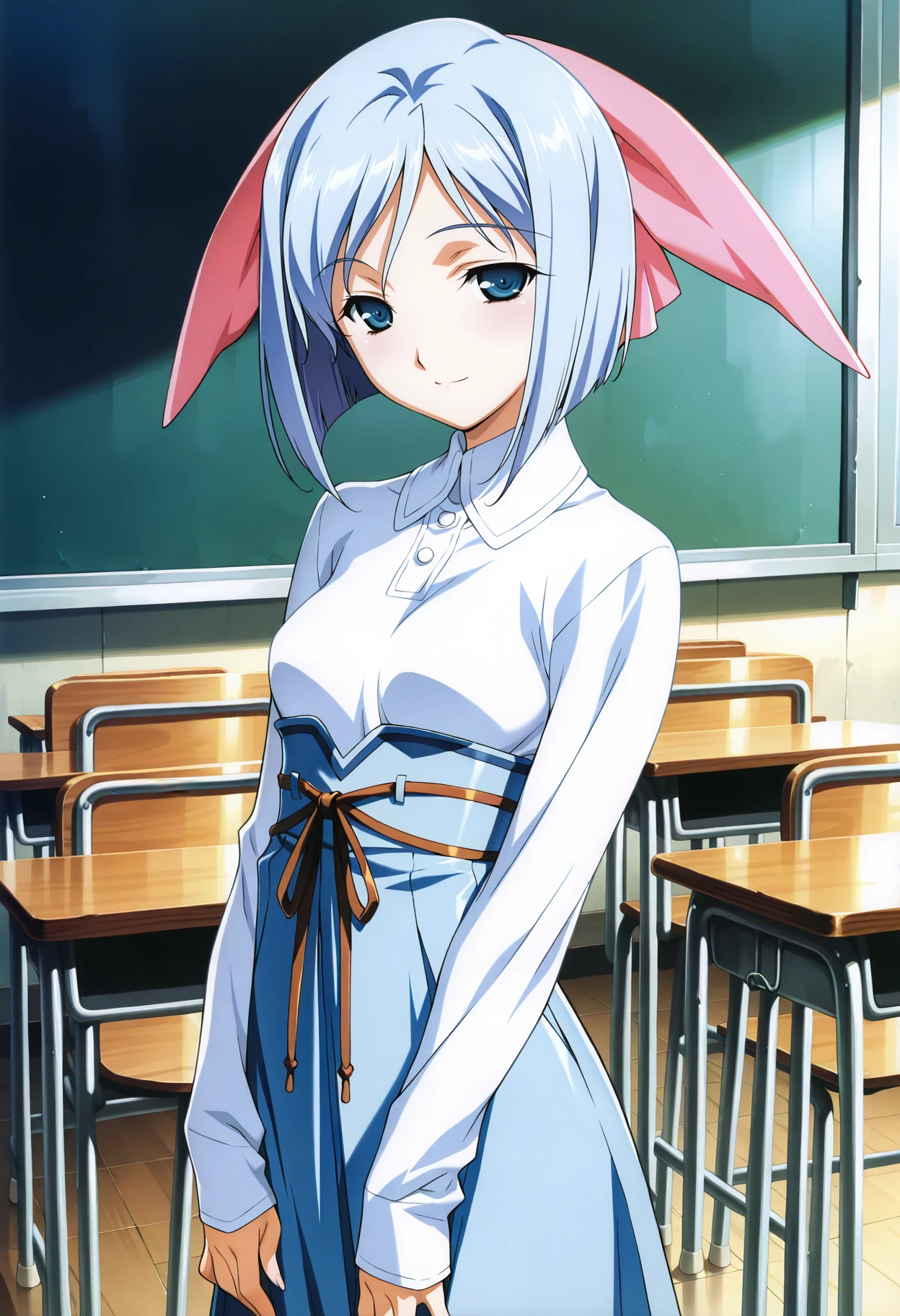masterpiece, best quality, amazing quality, very aesthetic,absurdres, <lora:baldrren_IL1-000007:1> baldrren, retro artstyle, 1girl, solo, light blue hair, short hair, pink big hair bow, blue eyes, white shirt, blue high-waist bow skirt, long sleeves, sleeves past wrists, small breasts, standing,looking at viewer, half-closed eyes, light smile, classroom, chair, desk, depth of field,