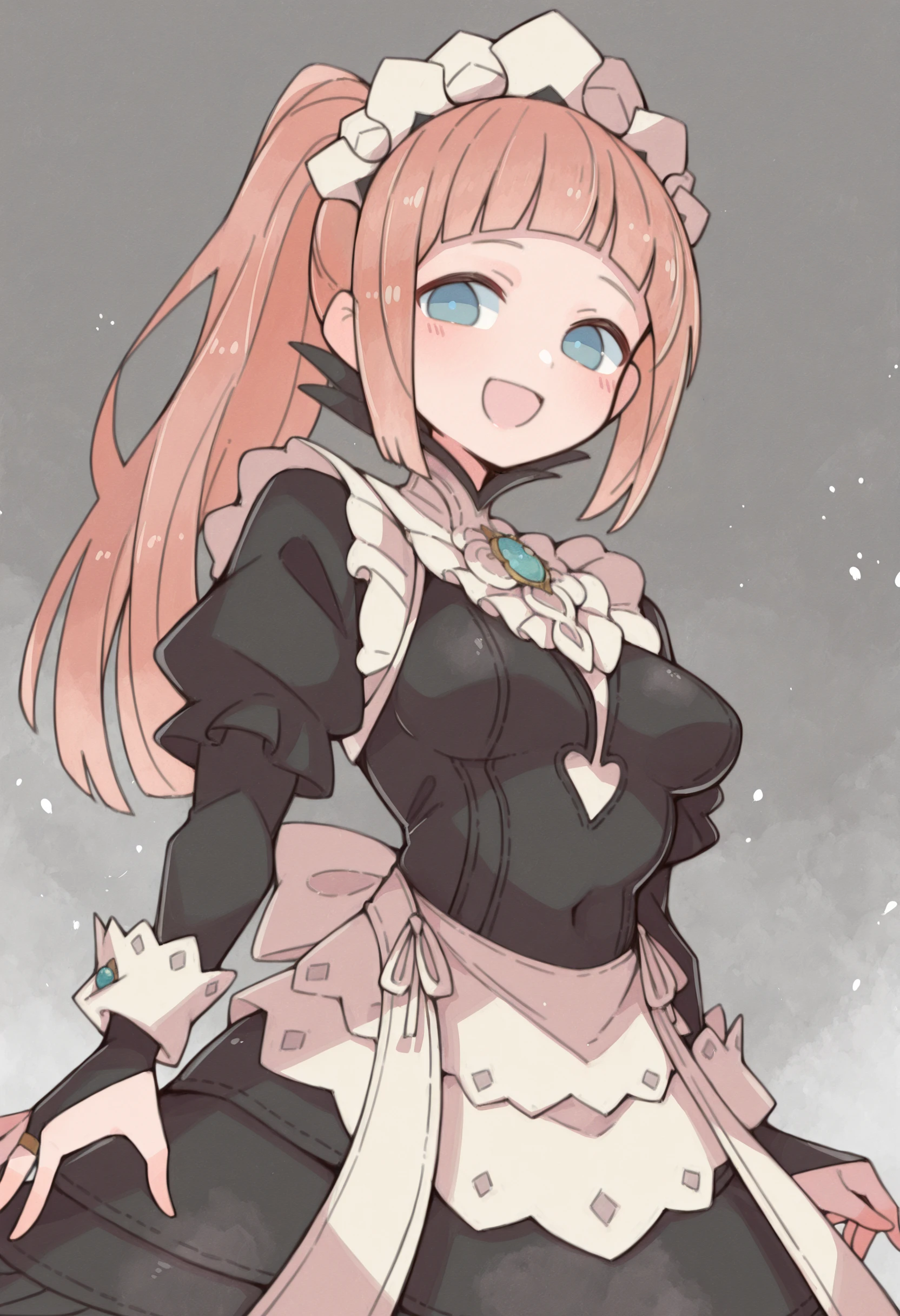 masterpiece, best quality, absurdres, highres, newest, 1girl, solo, <lora:massakasama-style-richy-v1_ixl:1> <lora:felicia-fe-richy-v1_ixl:1> f1cdf, blue eyes, pink hair, long hair, ponytail, sidelocks, blunt bangs, maid headdress, black feathered collar, blue brooch, medium breasts, maid, juliet sleeves, maid apron, bridal gauntlets, black dress, looking at viewer, smile, :D