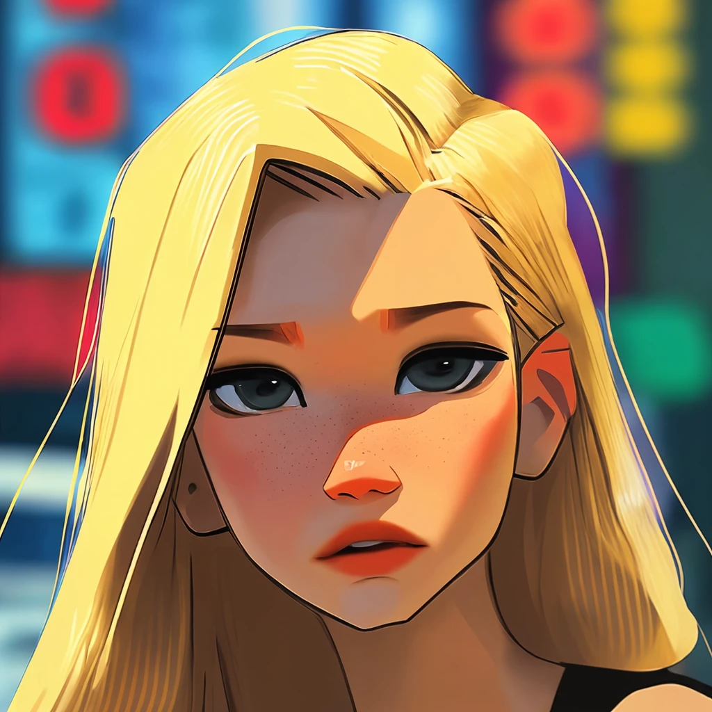 photo in style of samdoesarts of a sasha luss. blonde hair,depth of field,next to neon sign made of neon string, lifelike textures,film grain, kodak portra,scary