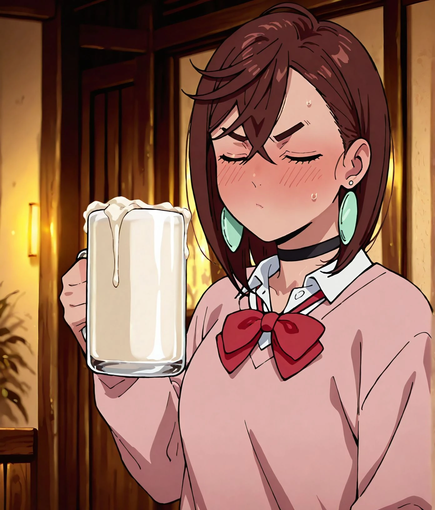 masterpiece, best quality, newest, absurdres, highres, detailed eyes, beautiful, detailed background, perfect eyes, anime coloring, anime screencap,
<lora:semen_burp:1>semen_burpV1,
1girl,breasts,
beer mug,cup,cum in mug,
solo,blush,closed eyes,
<lora:DandadanIL:0.8>
dandadan style, ayase momo, brown hair, earrings, choker,school uniform, collared shirt, pink sweater, red bow, skirt, 
20 years old female,