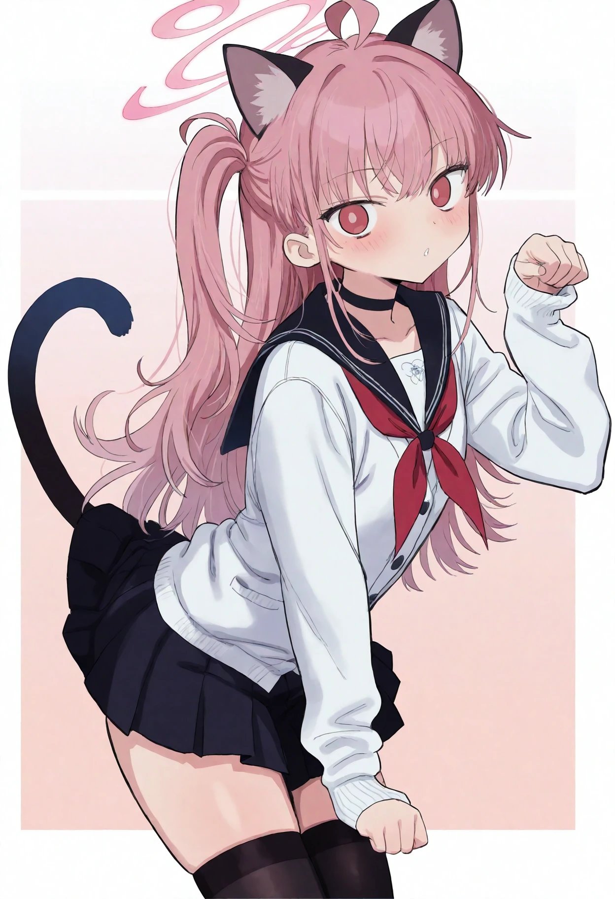 <lora:SuppaiBlora02CLScMimicCWR3:1>,M1C3N3S7S3u2p2p2a2i8, uncensored,
1girl, solo, thighhighs, halo, pink hair, side ponytail, red eyes, skirt, tail, black thighhighs, animal ears, ahoge, red neckerchief, cat tail, cat ears, neckerchief, long hair, pleated skirt, paw pose, looking at viewer, black skirt, sailor collar, school uniform, long sleeves, blush, black sailor collar, serafuku, pink halo, parted lips, white cardigan, zettai ryouiki, choker,
masterpiece, best_quality, very_awa, absurdres, very_as2, hdr, High_dynamic_range, rich_details, clear_shadows_and_highlights, intense, enhanced_contrast, highly_detailed, amazing_quality, very_aesthetic