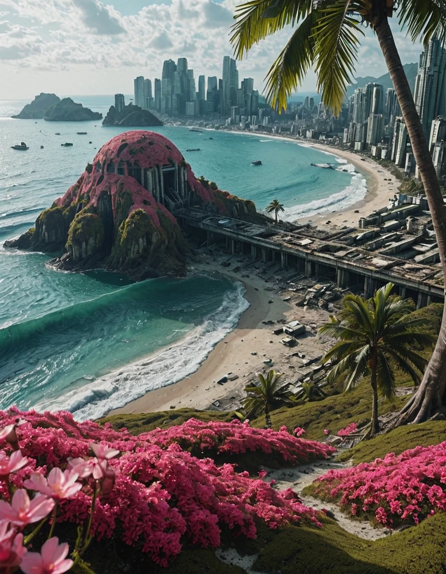 <lora:SWL_Stations1v2ill:1.0> lostst1, field of view, cyberpunk, cherry blossom, sea, waves, palm tree, island, abandoned cityscape,