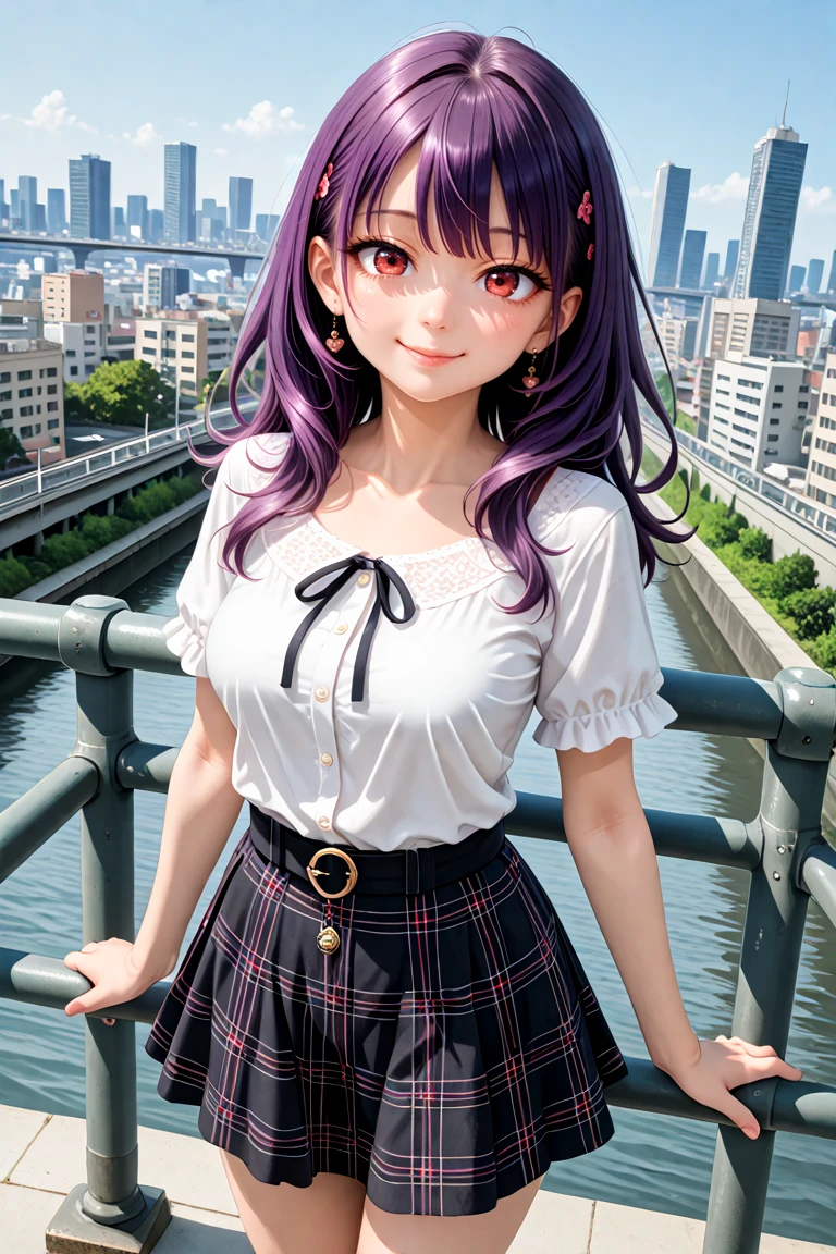 masterpiece, best quality, amazing quality, very aesthetic, absurdres,
cute round face, slender, detailed eyes, detailed hair, kawaii,
1girl, solo, (mature:0.5),
dynamic angle, ,
best shadow, an extremely delicate and beautiful, gleaming skin, cowboy shot,
on bridge, cityscape, standing, model pose, smile,
street fasion, casual fashion, harajuku fashion, wearing skirt, (purple hair, red eyes:1.2)