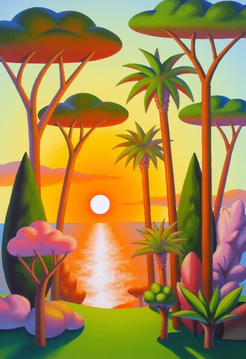 yfg-s@lvo a painting of a tropical landscape with trees, water, and a sun in the sky, all painted in oil on canvas measuring 36 x 24 inches.,
