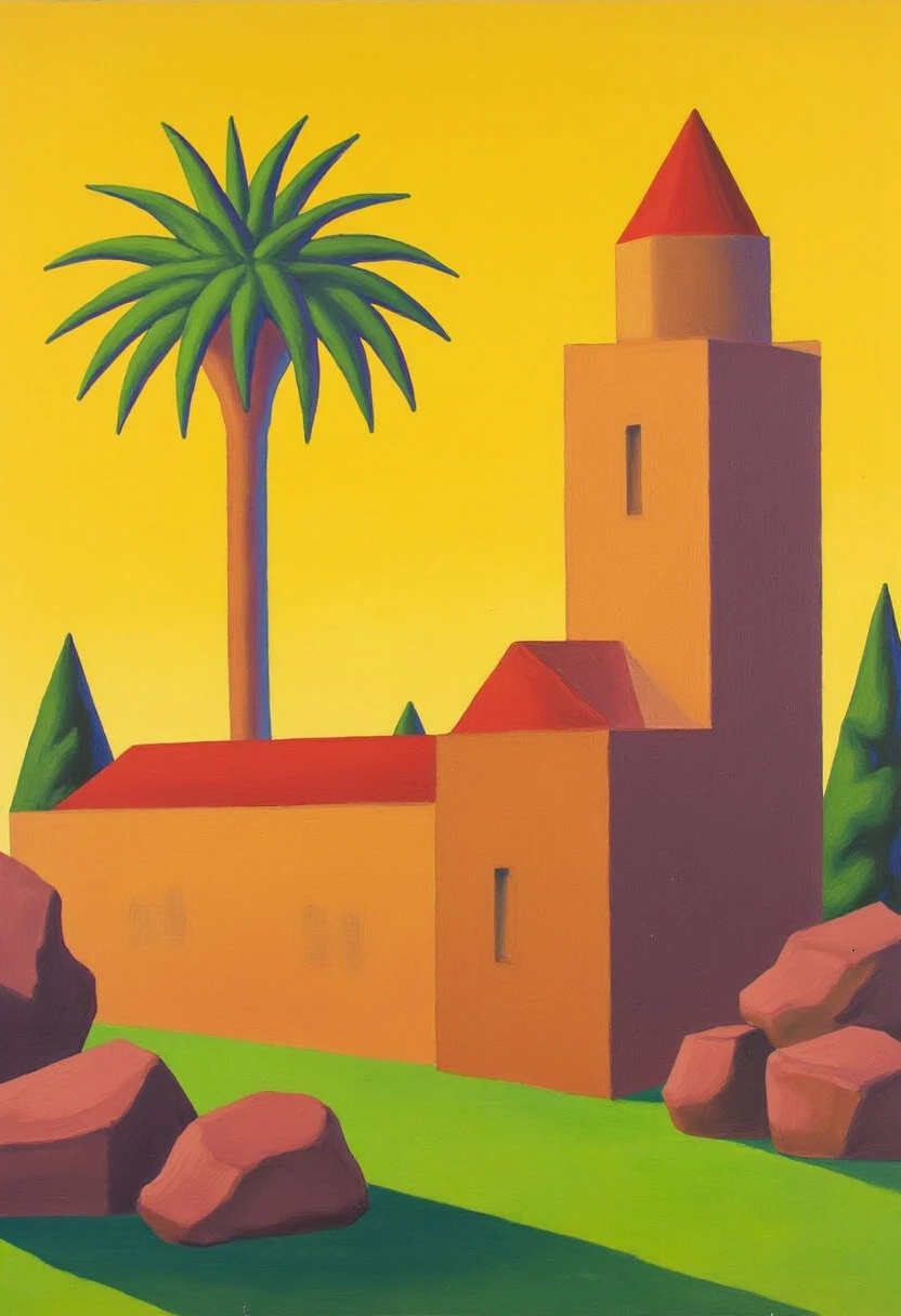 yfg-s@lvo a painting of a desert landscape with a palm tree in the foreground, surrounded by lush green grass, and rocks. in the background, there is a wall, and the sky is a bright yellow.,
