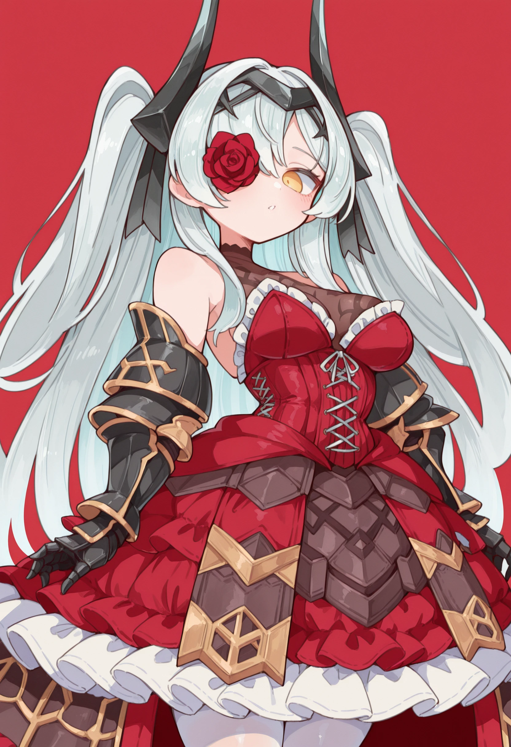 masterpiece, best quality, absurdres, highres, newest, 1girl, solo, <lora:massakasama-style-richy-v1_ixl:1>  <lora:cyclopsprincess-lo-richy-v1_ixl:1> cycpridef, yellow eyes, flower over eye, one eye covered, red rose, white hair, twintails, two side up, very long hair, headgear, horns, medium breasts, cleavage, red dress, corset, frilled dress, frills, black gauntlets, white pantyhose, looking at viewer, red background, simple background,