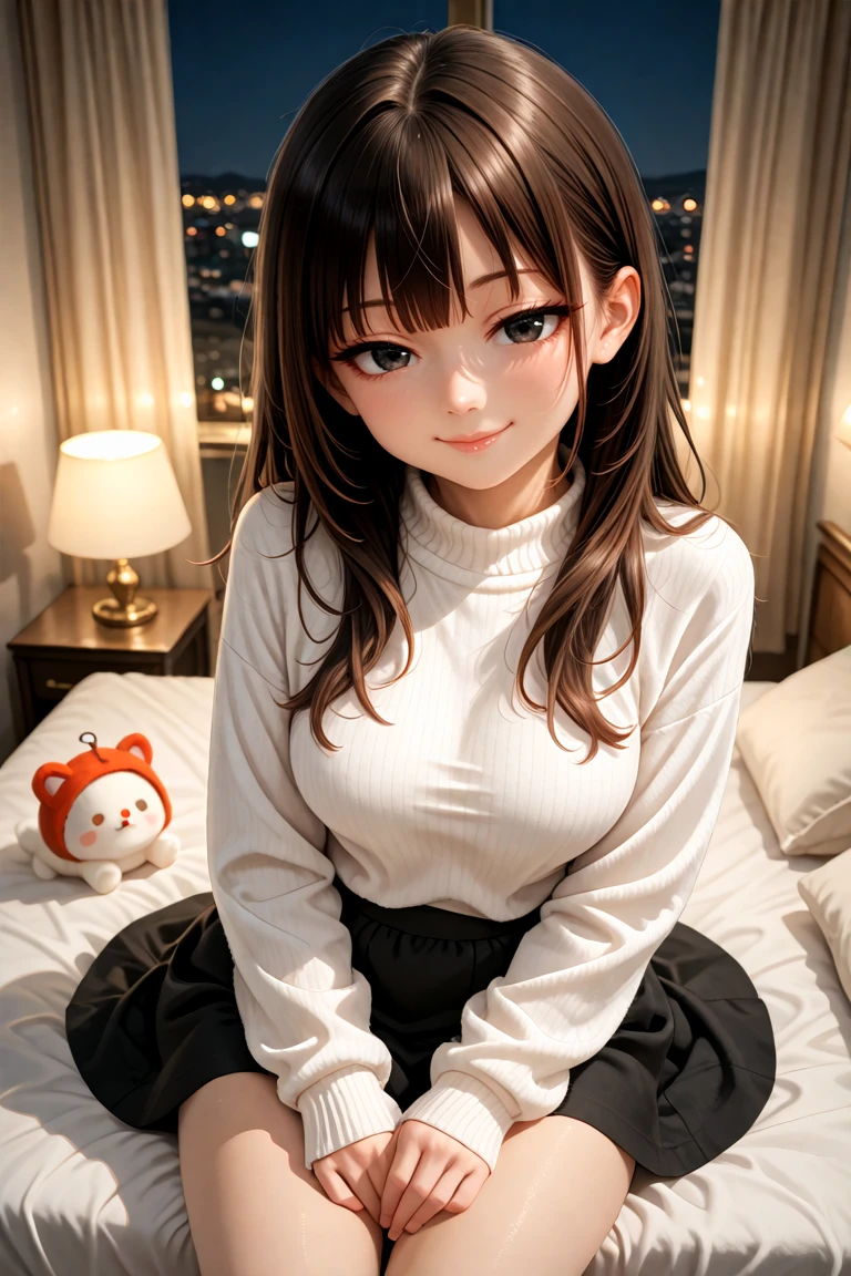 masterpiece, best quality, amazing quality, very aesthetic, absurdres,
cute round face, slender, detailed eyes, detailed hair, kawaii,
1girl, solo,
white sweater, black skirt,
seductive smile, closed mouth, looking at viewer,
(sitting on bed), seductive pose, cowboy shot, (from above:1.2),
indoors, elegant hotel room, bedroom, window, night, (full closed curtain:1.4), fancy interior,
warm lighting, moodie lighting, weak rim light, intensive shadow,
cinematic light, indirect lighting, evening light, depth of field, ultra detailed background,
dark brown hair, black eyes, long hair,