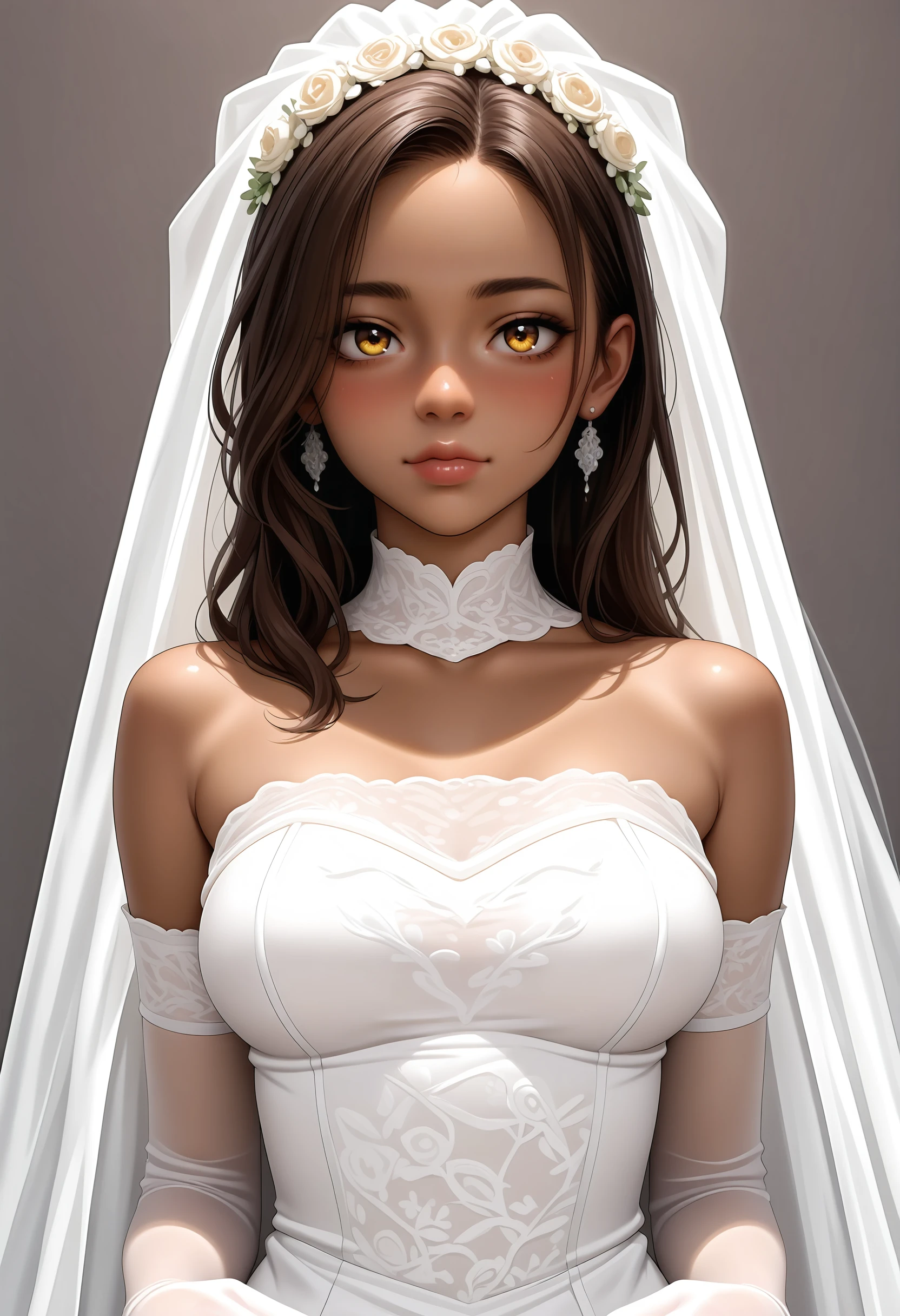 masterpiece, best quality, amazing quality, very aesthetic, absurdres, newest, solo, 1girl, upper body, medium brown hair, gold eyes, dark skin, wearing wedding dress, veil, medium breasts,