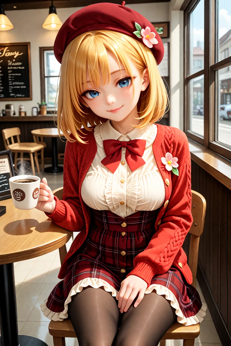 masterpiece, best quality, amazing quality, very aesthetic, absurdres,
cute round face, slender, detailed eyes, detailed hair, kawaii,
1girl, solo,
vintage-inspired beret with flower pin, navy and red plaid dress, golden buttons down the front, ivory blouse with ruffle detailing and red bow tie,
peach cardigan with cable knit pattern, black tights, red Mary Jane shoes,
smile, seductive cute pose, cowboy shot,
sitting on chair, indoors, coffee shop, window, cup, table,
medium breasts,
blonde medium hair, blue eyes