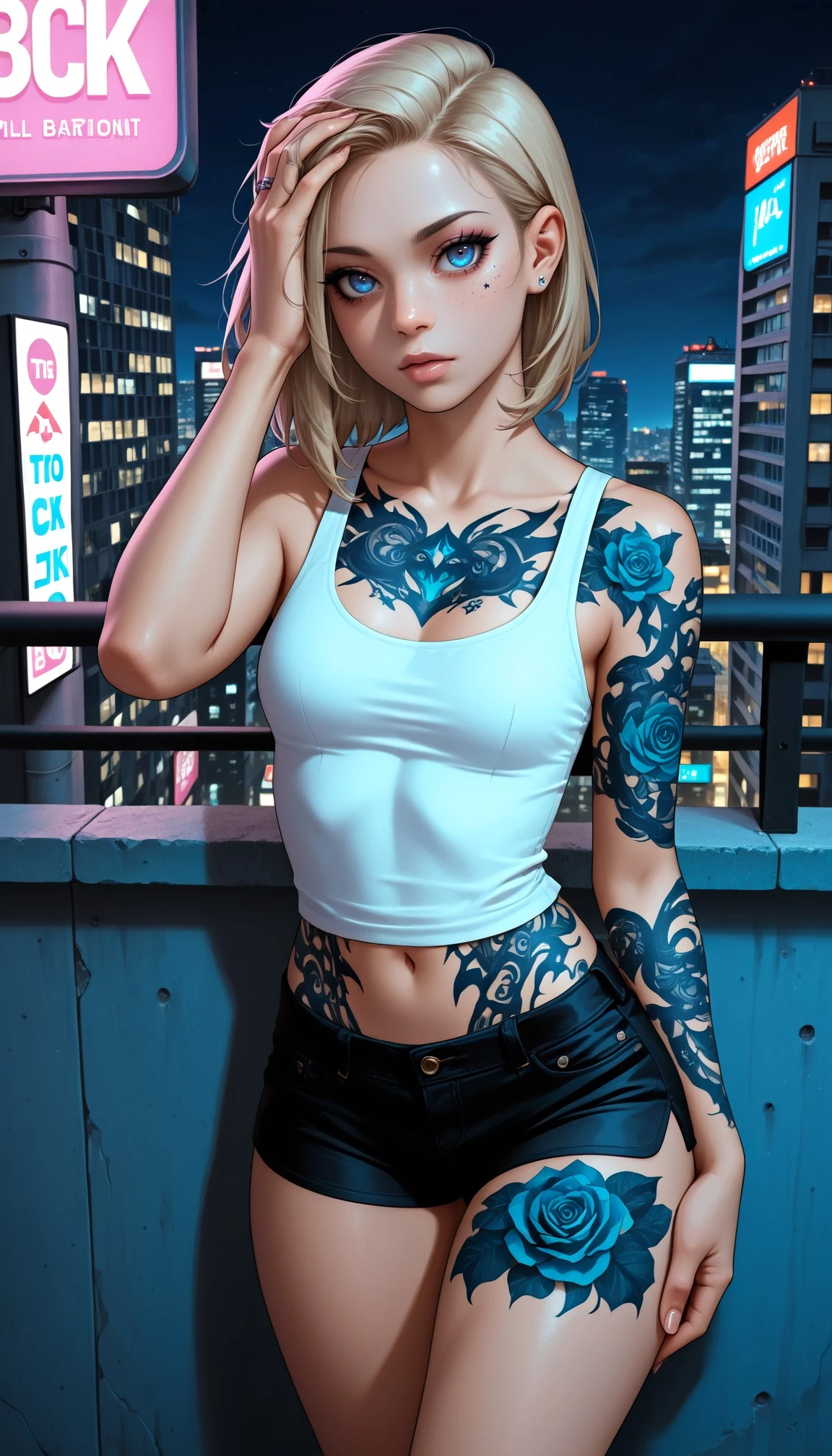 masterpiece, High Resolution, Best Quality, realistic, 1girl, solo, (detailed_skin:1.1), beautiful blue eyes, (full_body_tattoo:1.5), (leg_tattoo:1.1), (arm_tattoo:1.1), (neck_tattoo:1.1), hand on her head, hair behind ear, tank top, cutoff, night, hi-rise balcony, overlooking urban city,
<lora:FBT:0.7> <lora:Body Tattoo_alpha1.0_rank4_noxattn_last:2> <lora:Concept_NeckTattoo-PONY:1>