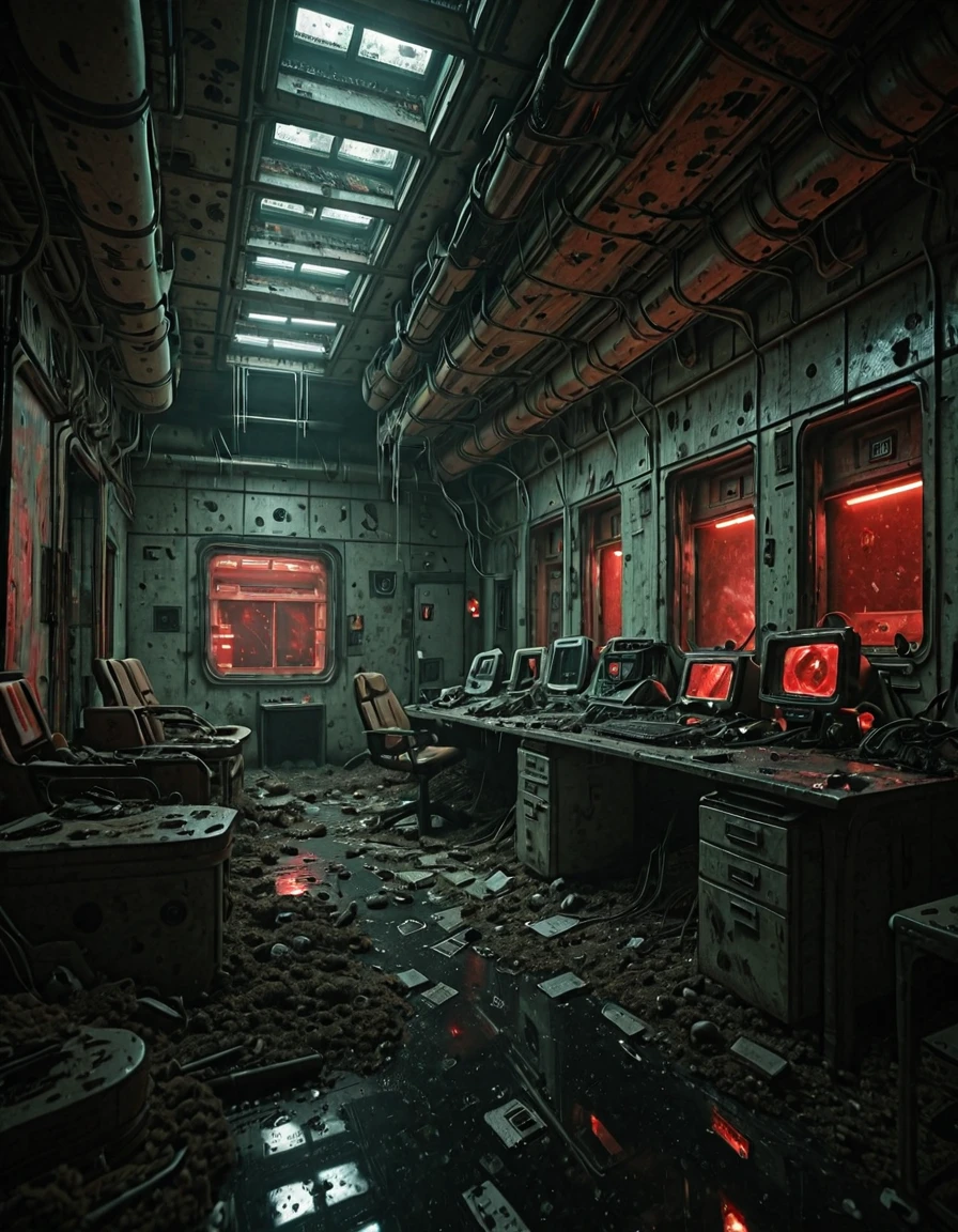 <lora:SWL_Stations1v2ill:1> loststsp, in space, indoors, abandoned, office, wet, lights, dirty, messy, collapsed, station, wires, red lights, window,