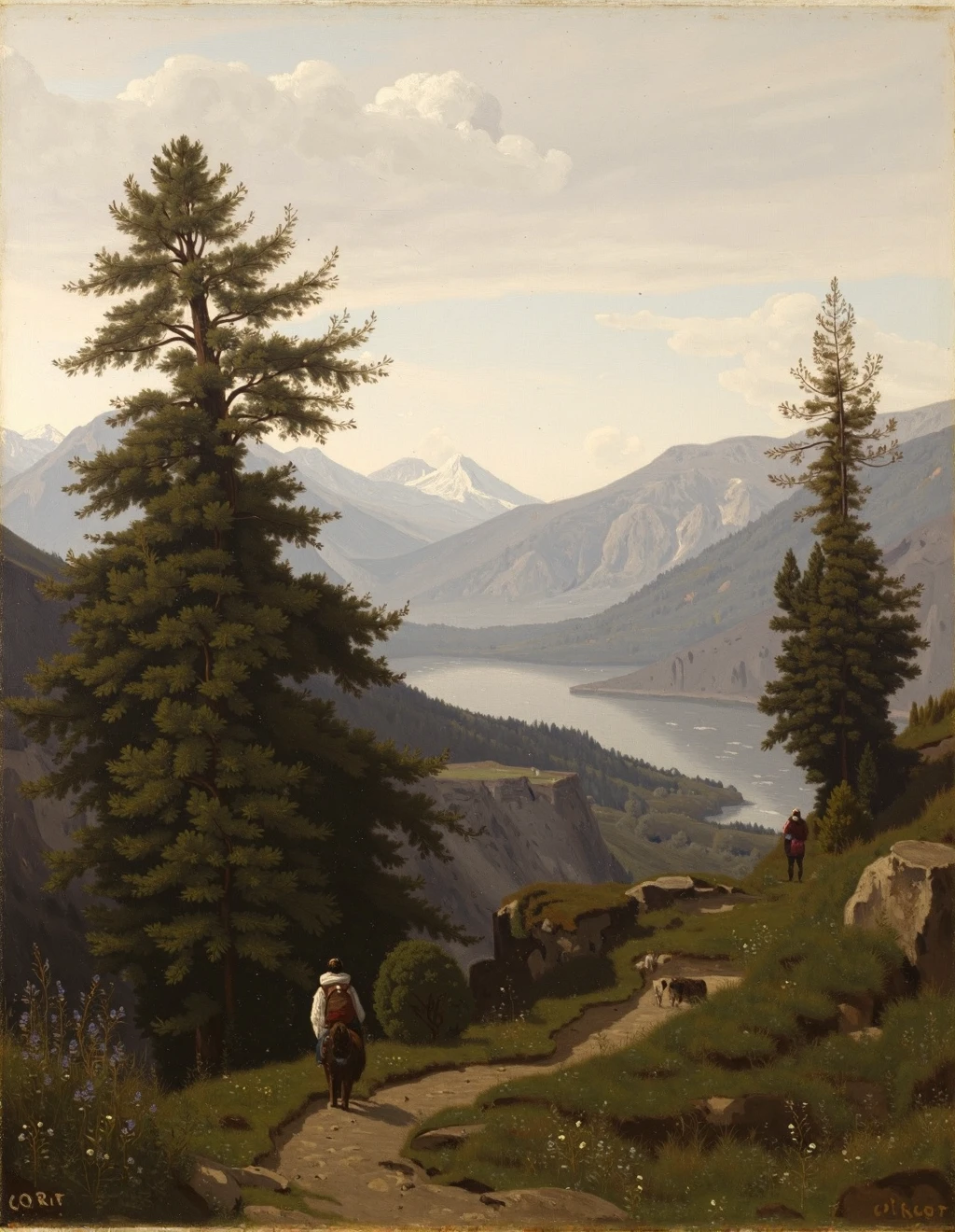 <lora:Jean-Baptiste-CamilleCorotStyle:1>Jean-Baptiste-Camille Corot Style, A mountain path winding through a misty alpine landscape at dawn. Towering pines stand like silent sentinels along the trail, their upper branches catching the first golden light while their trunks remain in cool shadow. A solitary figure leads a laden mule upward, their forms small against the majestic surroundings. Patches of wildflowers in subdued purples and whites dot the grassy slopes. In the valley below, a lake reflects the pale morning sky, its surface occasionally broken by rising fish. Distant peaks emerge from gossamer clouds, their snow-capped summits glowing with ethereal radiance. The air seems charged with quiet expectation, as though the world holds its breath before fully awakening.