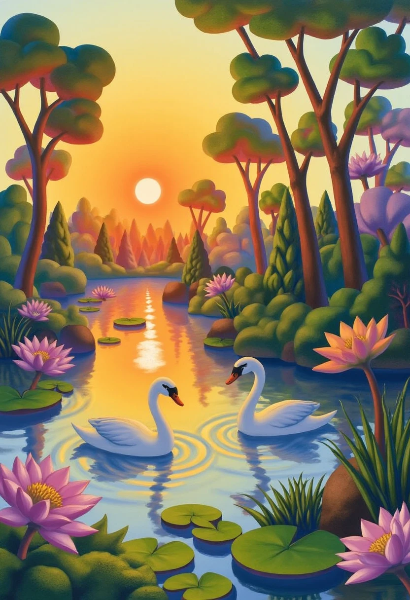 yfg-s@lvo, Peaceful Forest Glade at Dawn: Illustrate a peaceful forest glade at dawn, with gentle ripples on the water's surface reflecting the warm light of the rising sun and surrounded by lily pads, swans gliding across the water, and lush greenery along the shore.