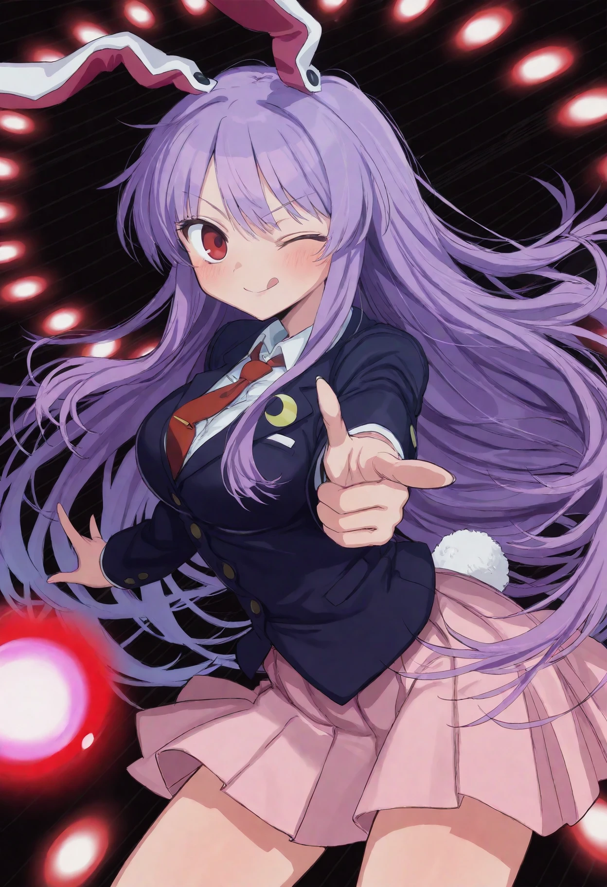 <lora:SuppaiBlora02CLScMimicCWR3:1>,M1C3N3S7S3u2p2p2a2i8,
1girl, reisen udongein inaba, animal ears, solo, rabbit ears, long hair, skirt, necktie, tongue, one eye closed, tongue out, jacket, finger gun, crescent, shirt, red necktie, blazer, crescent pin, purple hair, rabbit girl, red eyes, collared shirt, pleated skirt, looking at viewer, smile, cowboy shot, white shirt, long sleeves, tail, very long hair, rabbit tail, ;q, pointing at viewer, danmaku, pointing, black jacket, blush, buttons, closed mouth, breasts, striped background,black background,
masterpiece, best_quality, very_awa, absurdres, very_as2, detailed_background, hdr, High_dynamic_range, rich_details, clear_shadows_and_highlights, intense, enhanced_contrast, highly_detailed, amazing_quality, very_aesthetic