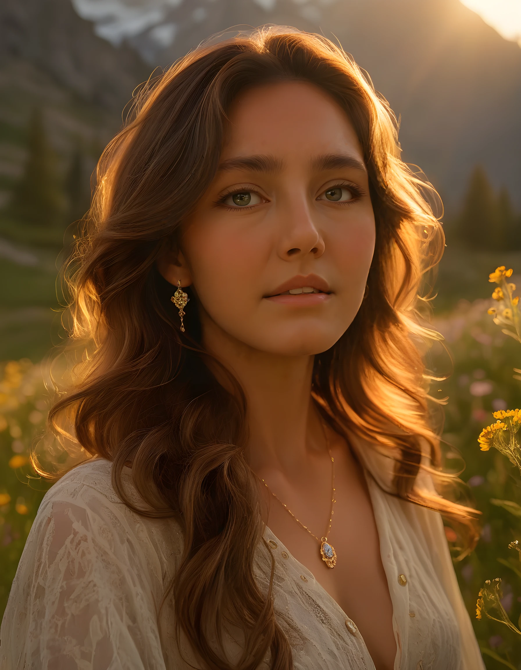 Portrait of a beautiful woman, well dressed outdoors, with flowing, shiny hair, face of a goddess smiling at the camera, in the background landscape as in the painting of the Mona Lisa, well defined skin, a blue pearl necklace,no cleavage, no nudity, detail in 8k high definition, realistic image in high resolution, blend of magic and energy in color tones of the Pillars of Creation Nebula, I don&#39;t want another Human.