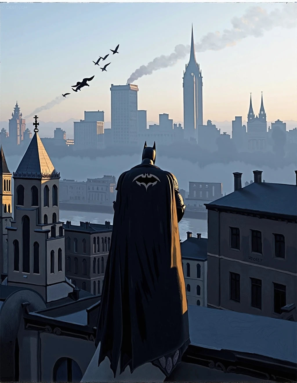 <lora:Jean-Baptiste-CamilleCorotStyle:1>Jean-Baptiste-Camille Corot Style, Batman observing Gotham City from a Gothic cathedral gargoyle at dawn. The urban landscape stretches below him, its industrial silhouette softened by morning mist that rises from the river. His cape billows slightly in the gentle breeze, creating an organic shape against the hard architectural elements. Early light gilds the uppermost spires and glass towers while leaving streets in blue shadow. Smoke rises from factories in vertical columns before dispersing into the pearl-gray sky. The Bat-Signal has just faded with the coming light, leaving a ghost-like impression in the lifting fog. A takes flight from a nearby roof, startled by some unseen disturbance in the awakening city below.