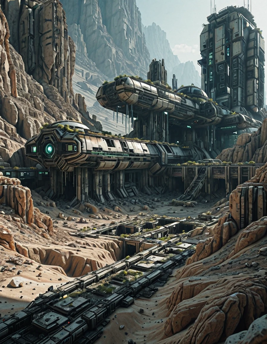 <lora:SWL_Stations1v2ill:1> lostst1, rocky station, impressive scientific complex, abandoned, cyberpunk, science fiction, in a mountain, lights, rocky desert,