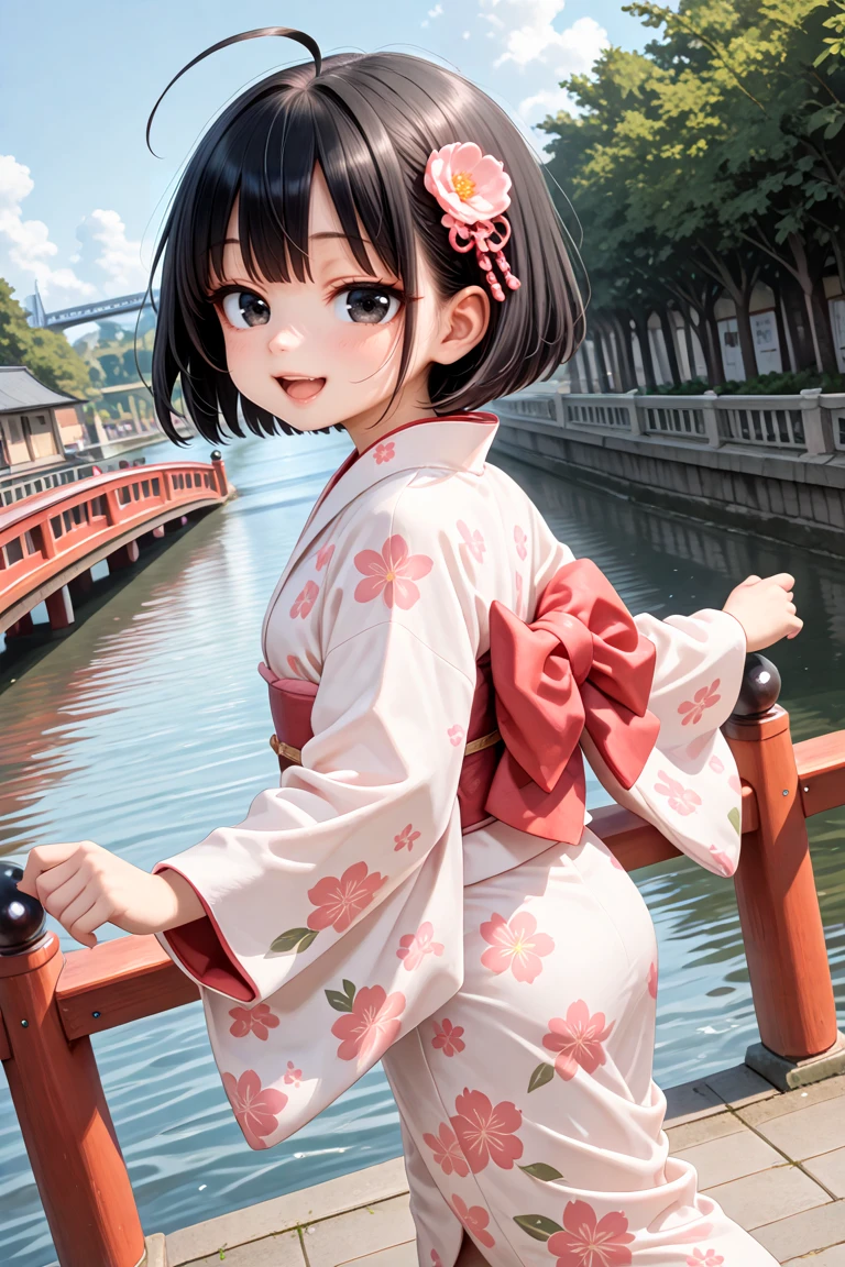 masterpiece, best quality, amazing quality, very aesthetic, absurdres,
cute round face, slender, detailed eyes, detailed hair, kawaii,
1girl, solo,
dynamic angle,
(wearing kimono:1.2), from side,
seductive smile, open mouth, walking, arms lift,
in riverside, day, bridge,
pure black hair, black eyes, short bob cut, ahoge, extremely detailed eyes