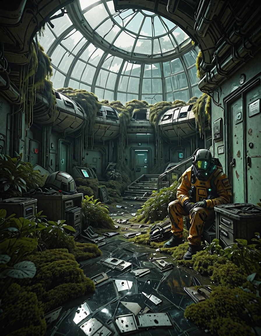 <lora:SWL_Stations1v2ill:1> loststin, indoors, dark, door, station, messy, wet, lost, sunlight, mist, stairs, skylight, office, sun shades, under a broken dome, dirty yellow chemical risk protection suit dressed man, cyberpunk, photo, shattered, cracked walls, collapsed, vegetation, dirty,