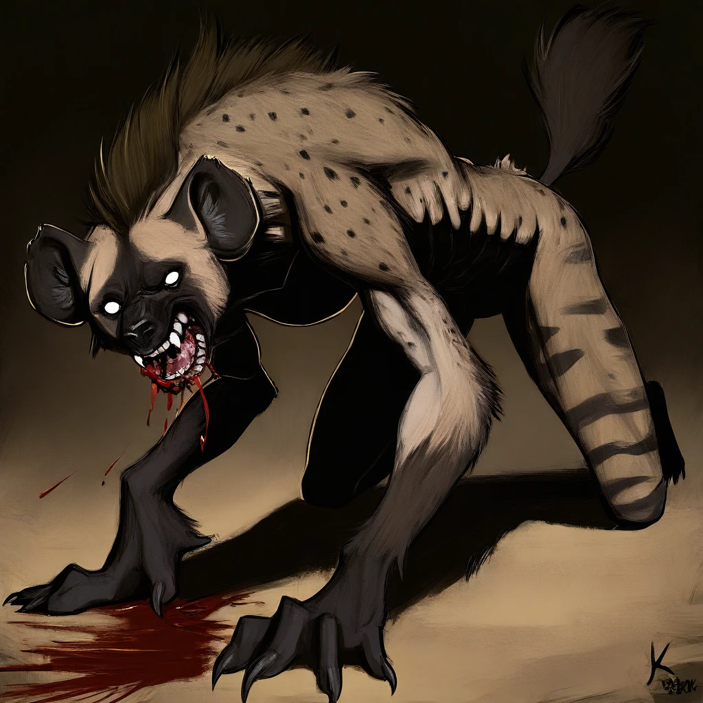 masterpiece, best quality, detailed, very aesthetic, best quality, 8k, solo, solo female, 1girl, werehyena, hyena, monster, monster girl, on all fours, growling , snarling, muscular, action, action shot, blood, blood in mouth, dark fur, striped fur, ,