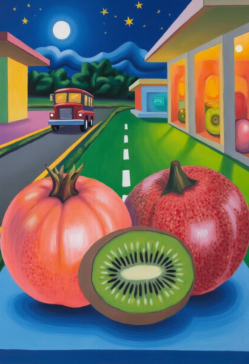 yfg-s@lvo, a painting of two pomegranates and a kiwi on a blue surface, with a green background. the painting is done in oil, giving it a vibrant and colorful look., with vehicles on the road, buildings in the background, and a starry sky above., set against a backdrop of a bright blue sky and lush green grass.,