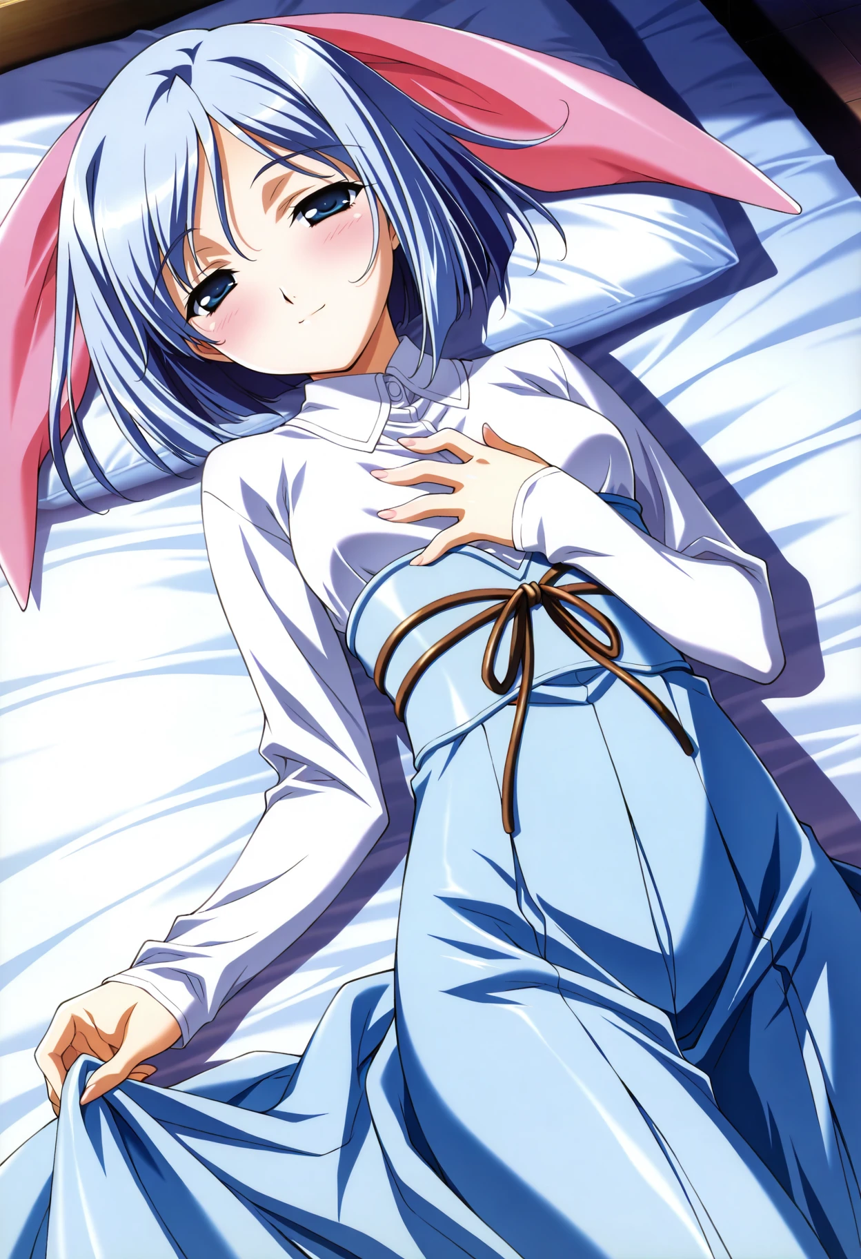 masterpiece, best quality, amazing quality, very aesthetic,absurdres, <lora:baldrren_IL1-000007:0.9> baldrren, retro artstyle, 1girl, solo, light blue hair, short hair, pink big hair bow, blue eyes, white shirt, blue high-waist bow skirt, long sleeves, sleeves past wrists, long skirt, small breasts, half-closed eyes, light smile, blush, lying, on back on bed, hand on own chest, skirt grab, dutch angle,