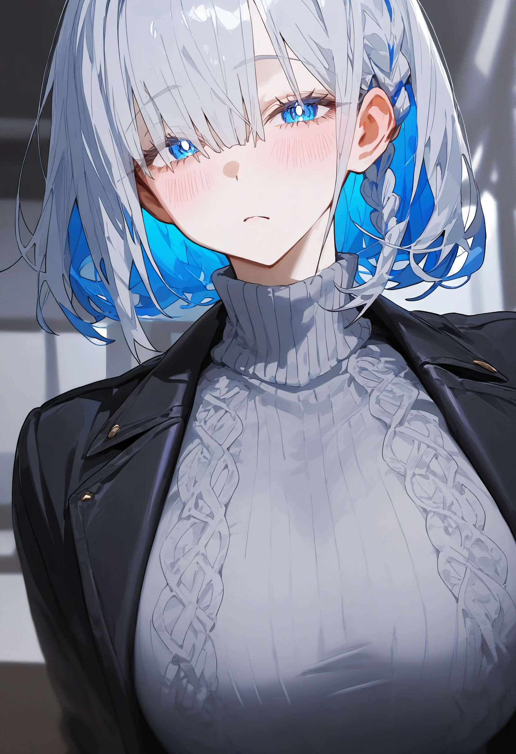 masterpiece, best quality, newest, absurdres, highres, very awa, anime screencap, film grain, limited palette, no lineart, ambient occlusion, depth of field, intricate background, c2Fn, eye focus, painting \(medium\), 1girl, , solo, grey sweater, sweater, , blue eyes, looking at viewer, upper body, hair between eyes, turtleneck, white hair, turtleneck sweater, blush, closed mouth, ribbed sweater, jacket, long sleeves, multicolored hair, white background, braid, medium hair, bright pupils, short hair, open jacket, , black jacket, grey hair, blue hair, colored inner hair, white pupils, two-tone hair, cable knit, aran sweater