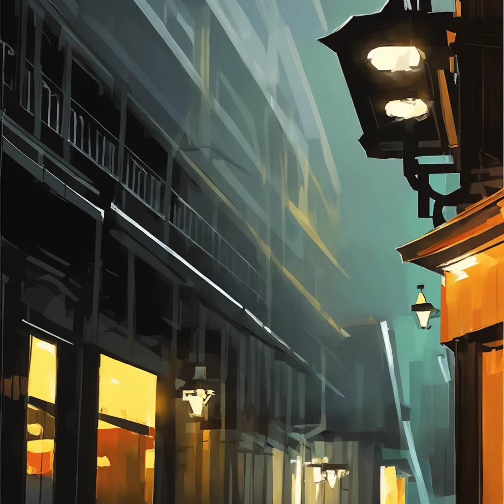 solid expressive brushtrokes illustration of a night time dimly leet street with streetlights castin a beams of light, oil painting, solid expressive brushtrokes