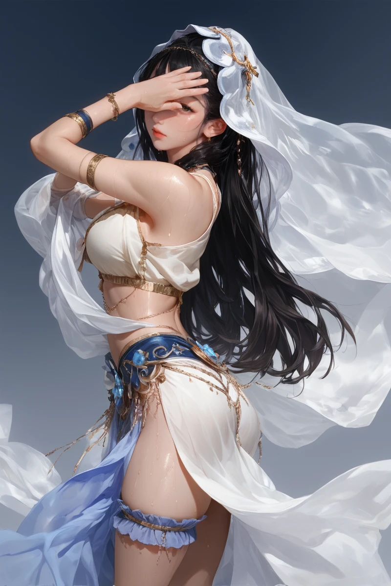 <lora:0325-3:1>,1girl,dancer,solo,arm_garter,thigh_ribbon,big breast,covering_face,lightsteelblue,panorama,from behind,cirrocumulus_lacunosus,, score_9, score_8_up, score_7_up,, score_6_up, score_5_up, score_4_up,, ultra detailed,minomi,sweaty skin,shiny skin,prefect face,looking at viewer,HD32k,
