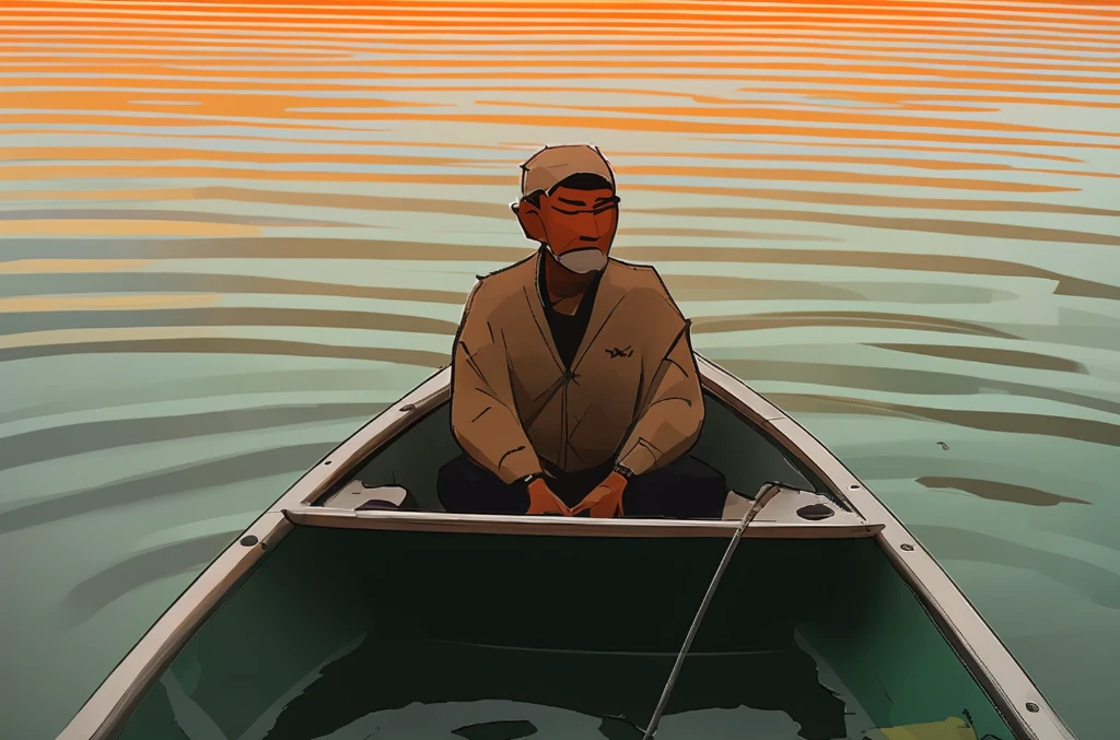 illustration in style of samdoesarts of a fisherman male sitting in his small boat, surrounded by peacful sea at sunset,selective focus, serene atmosphere