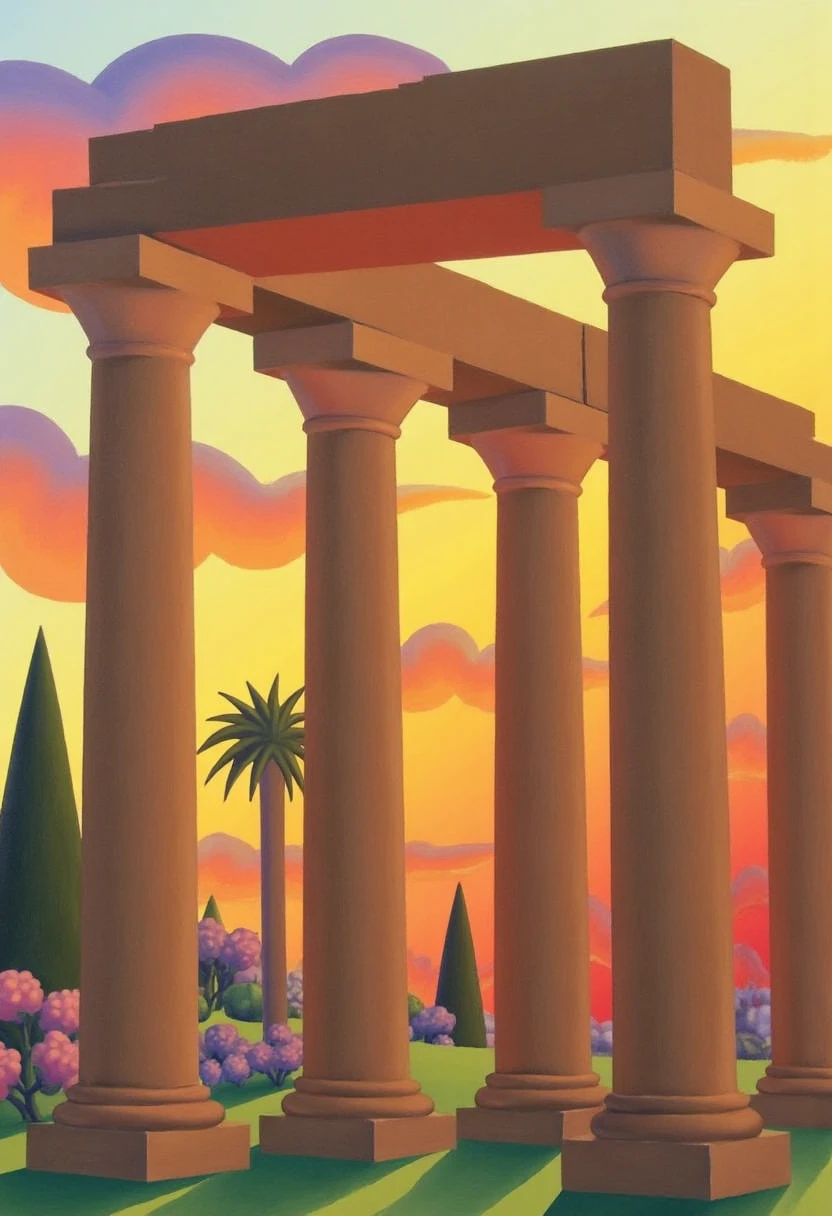 yfg-s@lvo a painting of a temple with pillars and trees in the background, surrounded by lush green grass and vibrant flowers. the sky is a beautiful mix of colors,