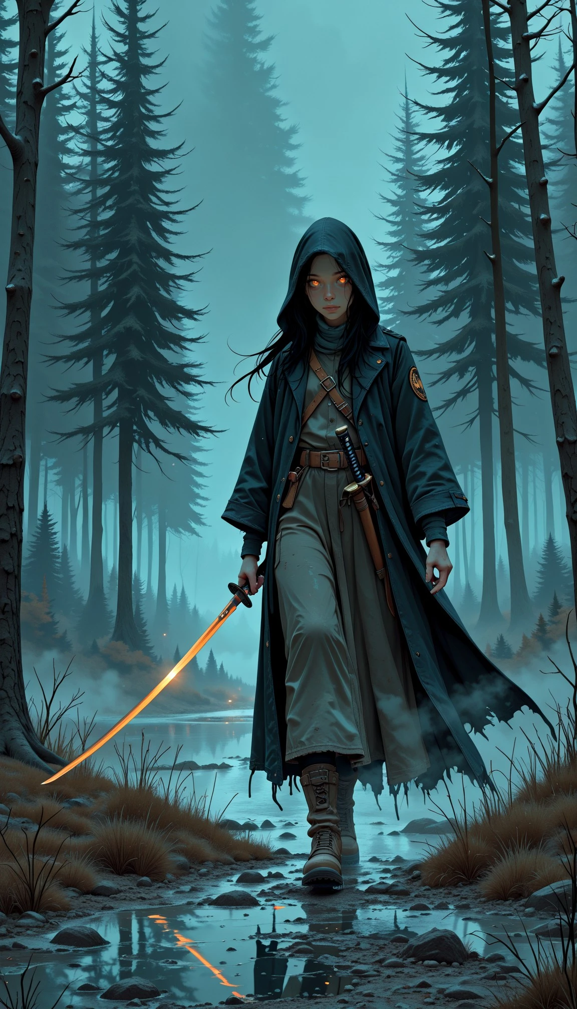IllusP0s s0larpunk holding katana 1girl solo high angle sword pose iaido dynamic pose night outdoors combat stance angle view close-up looking at viewer l4k3 <lora:s0larpunk:1>
