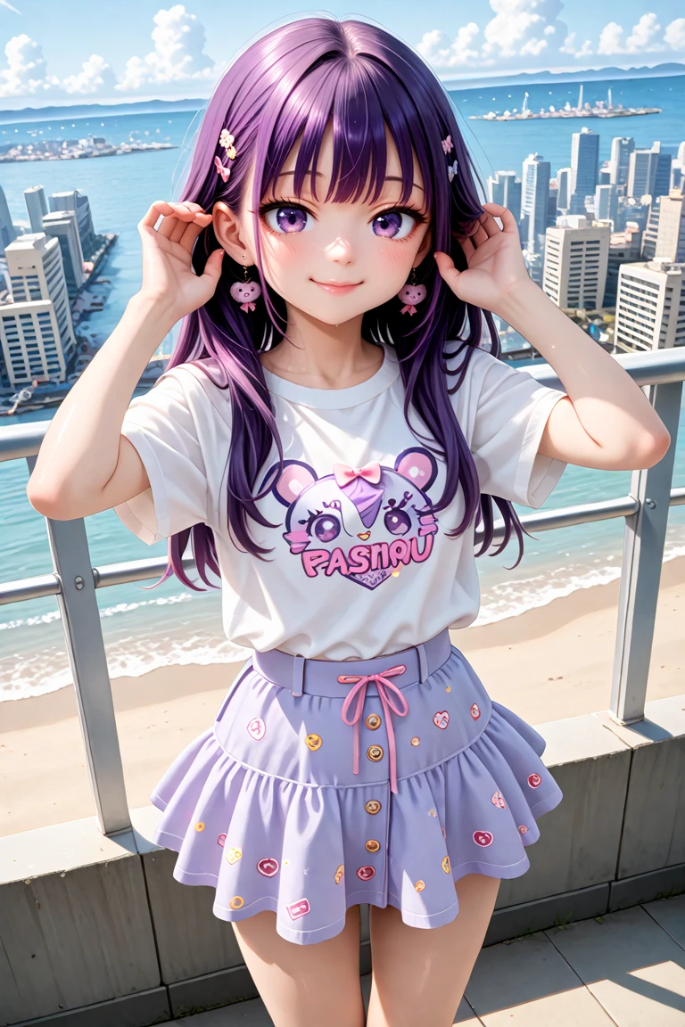 masterpiece, best quality, amazing quality, very aesthetic, absurdres,
cute round face, slender, detailed eyes, detailed hair, kawaii,
1girl, solo, 20yo,
dynamic angle,
best shadow, an extremely delicate and beautiful, gleaming skin, cowboy shot,
seaside, cityscape, standing, cute pose, smile,
wearing casual fashion, wearing harajuku fashion, wearing skirt, wearing kawaii fashion, (purple hair, purple eyes:1.2)