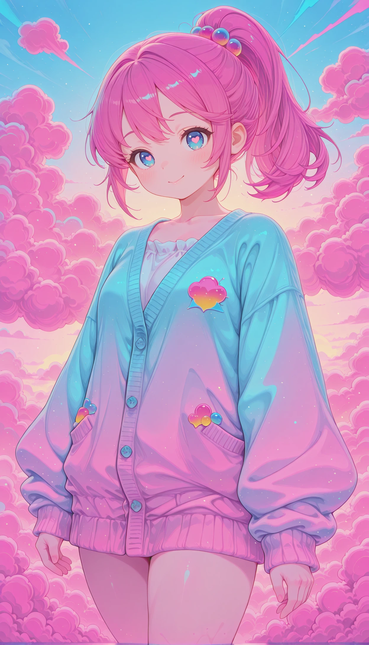 1girl, bubblegum pink hair, sleek ponytail, pastel pink hair, pastel blue cardigan, soft white top, casual smile, fluffy pastel clouds, soft peach sky masterpiece, best quality, amazing quality, very aesthetic, absurdres, detailed eyes, newest, neon color illustration in the style of pinkneonanime, <lora:PinkieNeonAnimeIL:1>,
