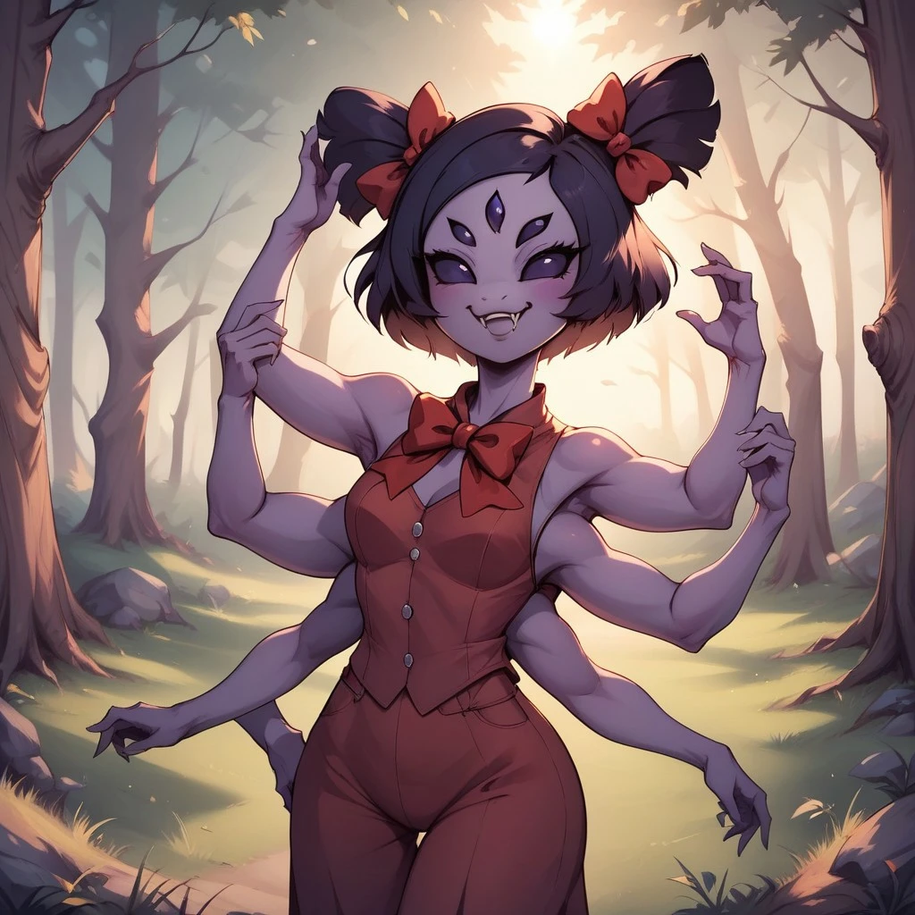 score_9,score_8_up,score_7_up, score_6_up, source_anime, muffet undertale, Anthro spider girl, 6 arms, extra arms, purple skin, standing, indoors