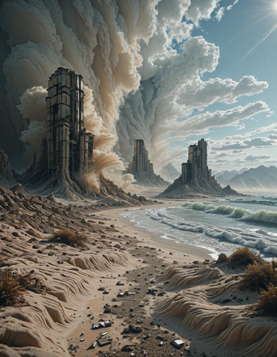<lora:SWL_Stations1v2ill:1> loststin, beautiful landscape, seaside, sand storm, lightnings, dead trees, waves, lots of wind, from side, depth of field, impressive scientific complex, abandoned, desert, rocks, sand, mist, clouds, in a mountain,
