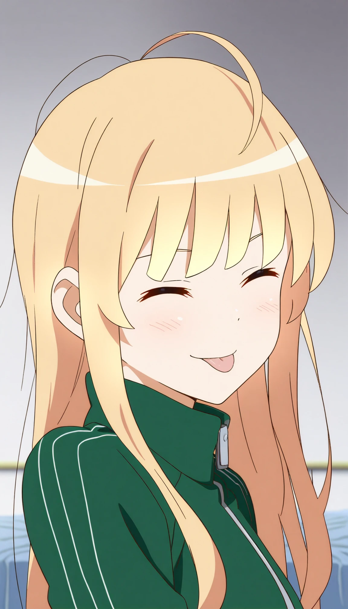 masterpiece,best quality,amazing quality,
<lora:eririIL:1>,erir1,
erir1,1girl,solo,blonde hair,bangs,long hair,green track suit,portrait,face focus,closed eyes,smile,tongue,grey background,blue bed in the background,deptn of field,
